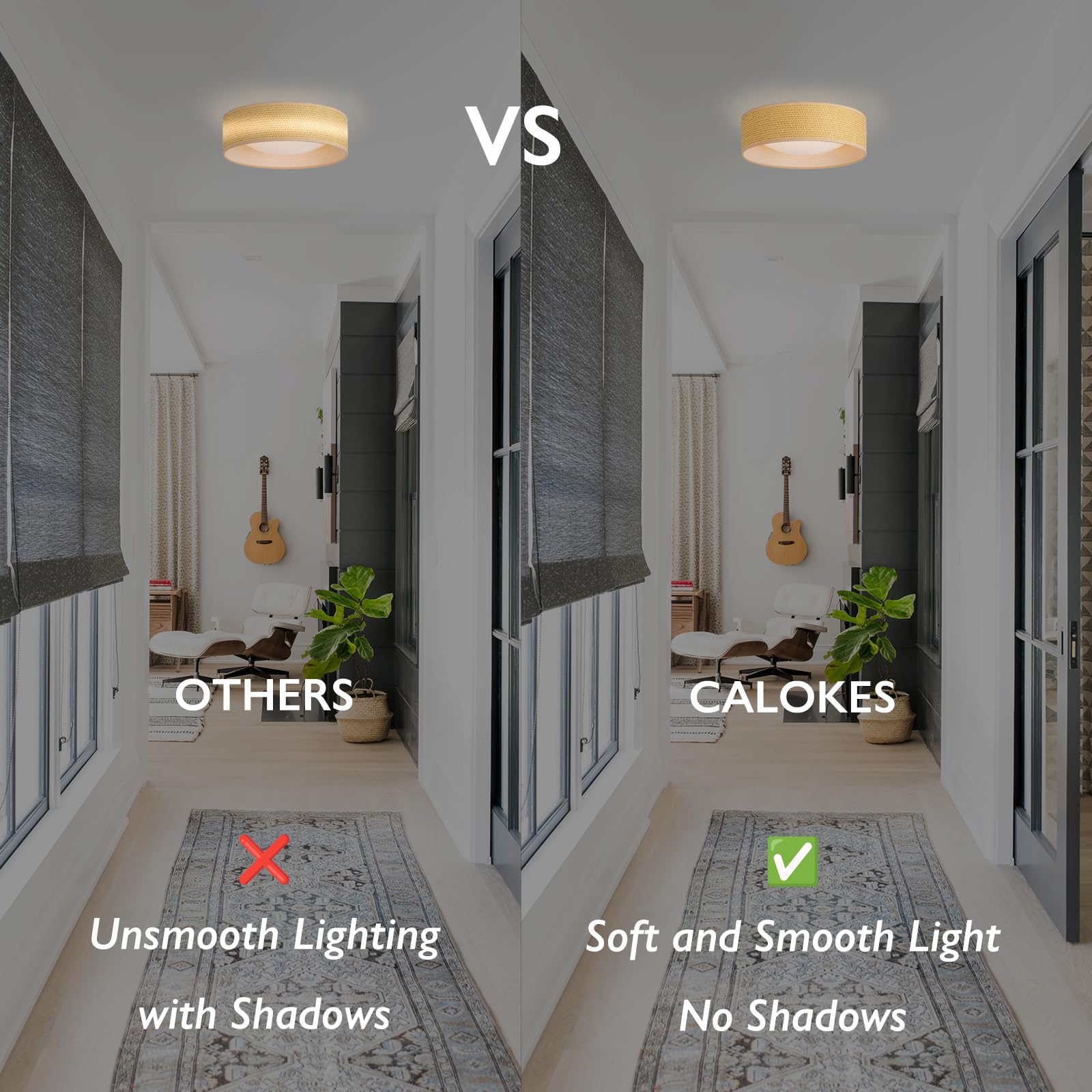 Calokes 13'' Woven Rattan-Style Boho Flush Mount Ceiling Light, Led 24W 3000K Closed To Ceiling Light Fixture With Classic Linen