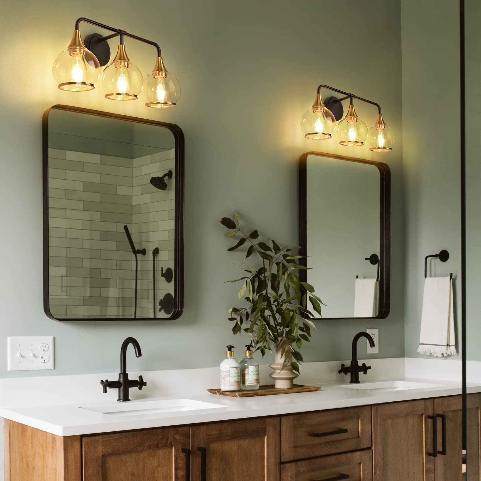Hahzt Black And Gold Bathroom Vanity Light 3-Lights Bathroom Light Fixtures Over Mirror With Clear Glass Shade 22.4 Inch Wall Sc
