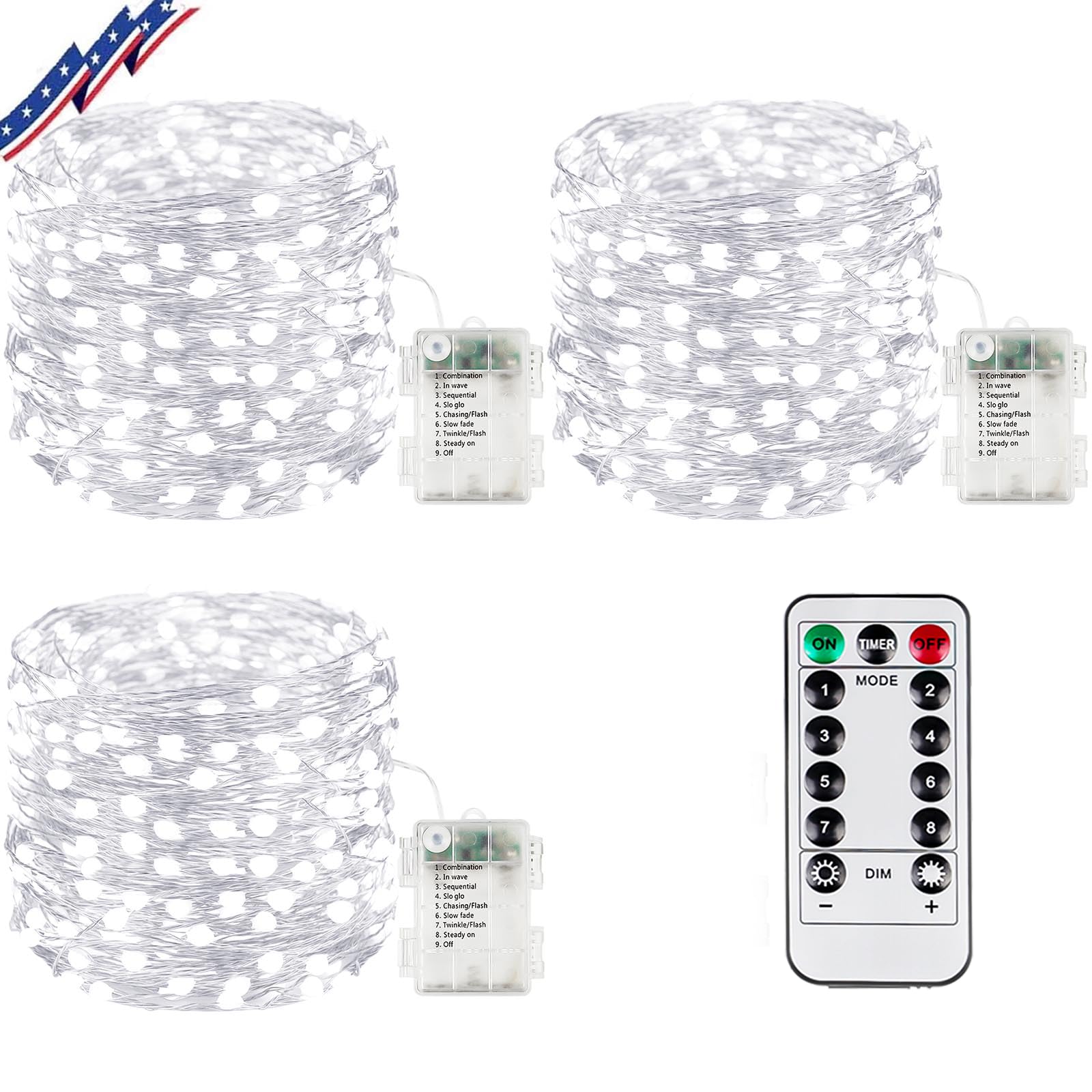 3Pack 198Ft 600LED Battery Operated Fairy Lights with Remote, Waterproof Battery Christmas String Lights with Timer, Twinkle Lights for Bedroom Christmas Decorations (Cool White)