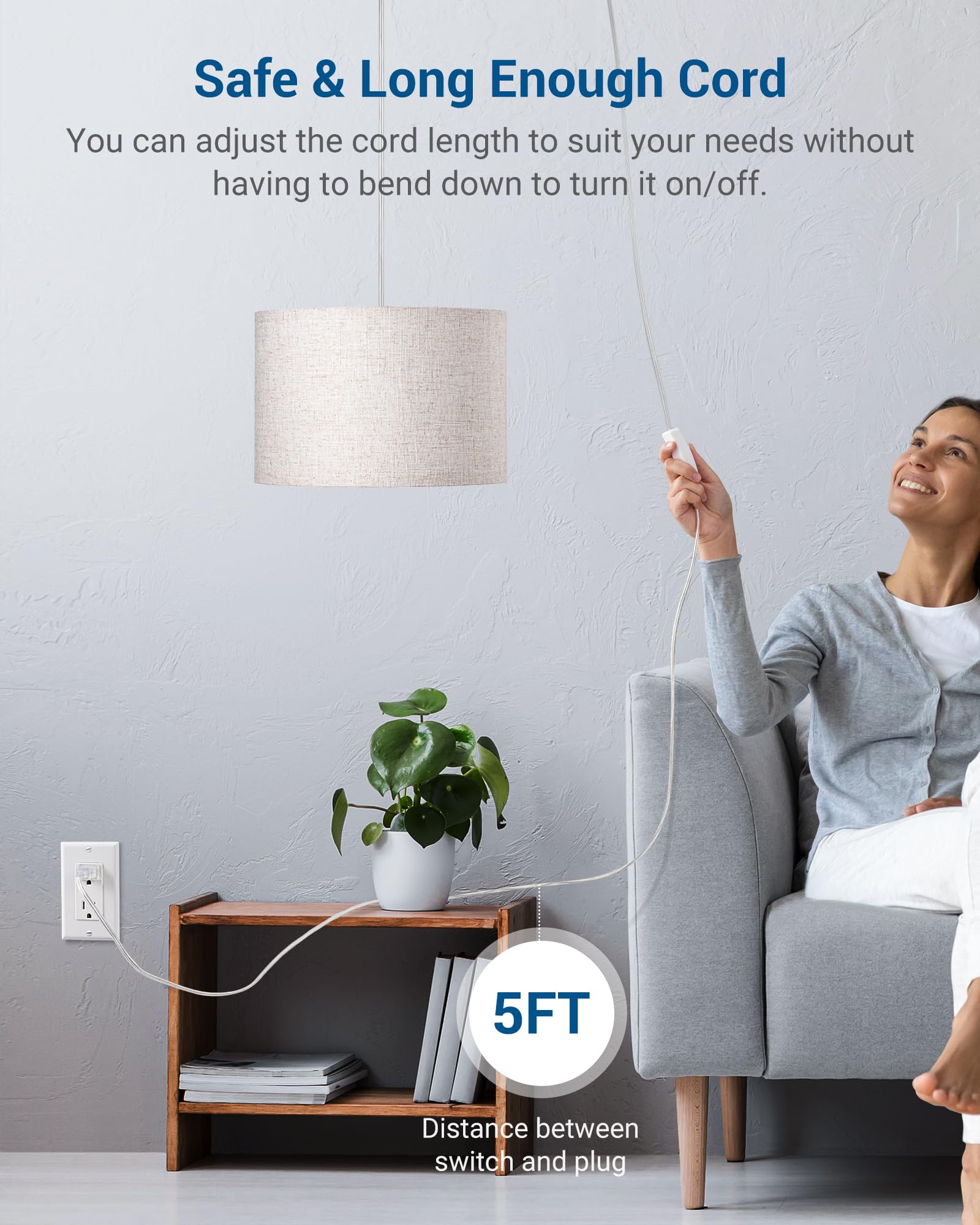 Dewenwils Plug In Pendant Light, Hanging Light With 15Ft Clear Cord, On/Off Switch, Beige Linen Shade, Hanging Light Fixture For