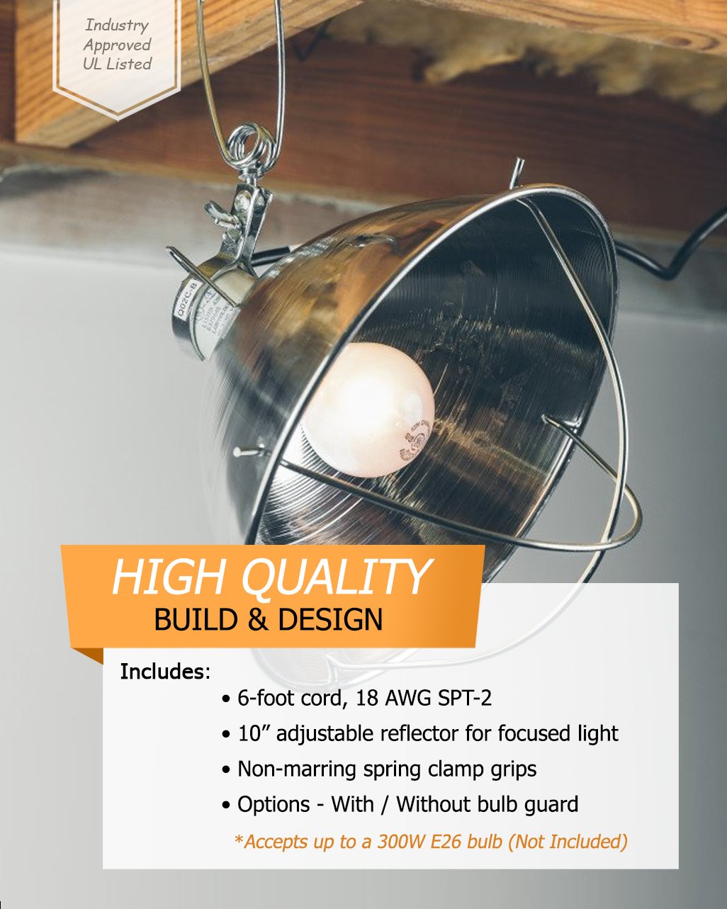 Woods Clamp Lamp with 10 Inch Reflector, 300 Watt Bulb, 6 Foot Cord, Multicolor, Model 166