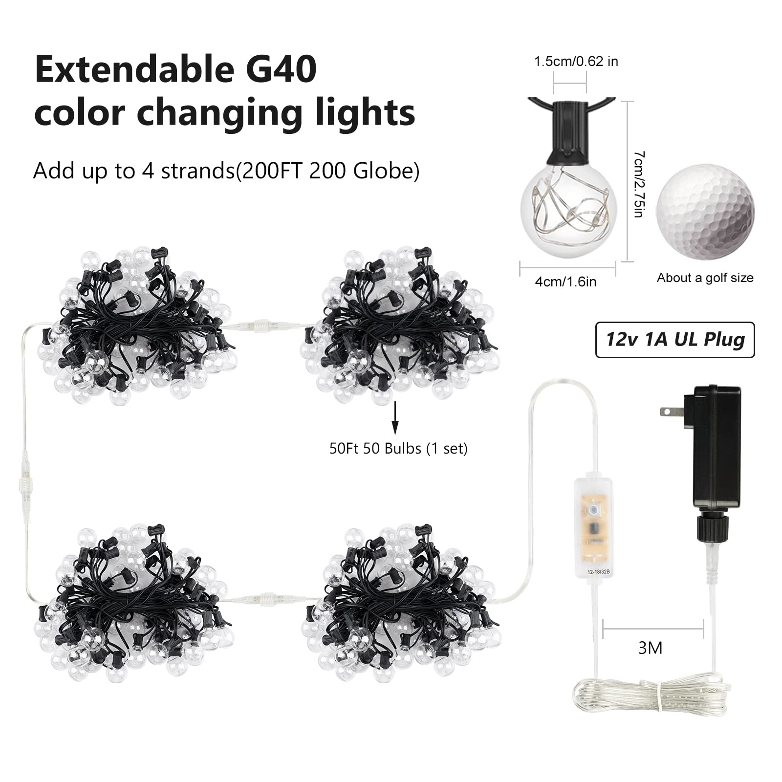 OMIKA 50FT Waterproof Outdoor String Lights, 50+2 Dimmable G40 Bulbs, 18 Colors Changing, Connectable for Patio & Backyard Parties