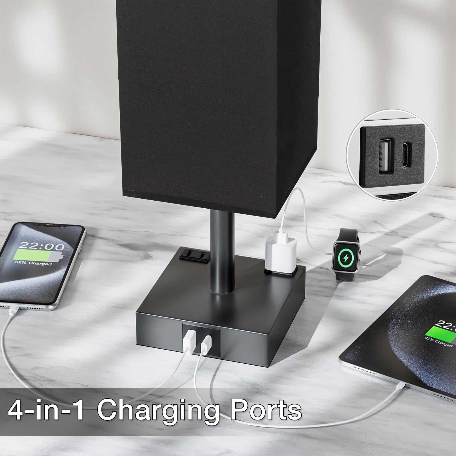 aooshine Touch Bedside Table Lamp - 3-Way Dimmable, USB A & Type C Ports, 14in, Black, Model 3-10