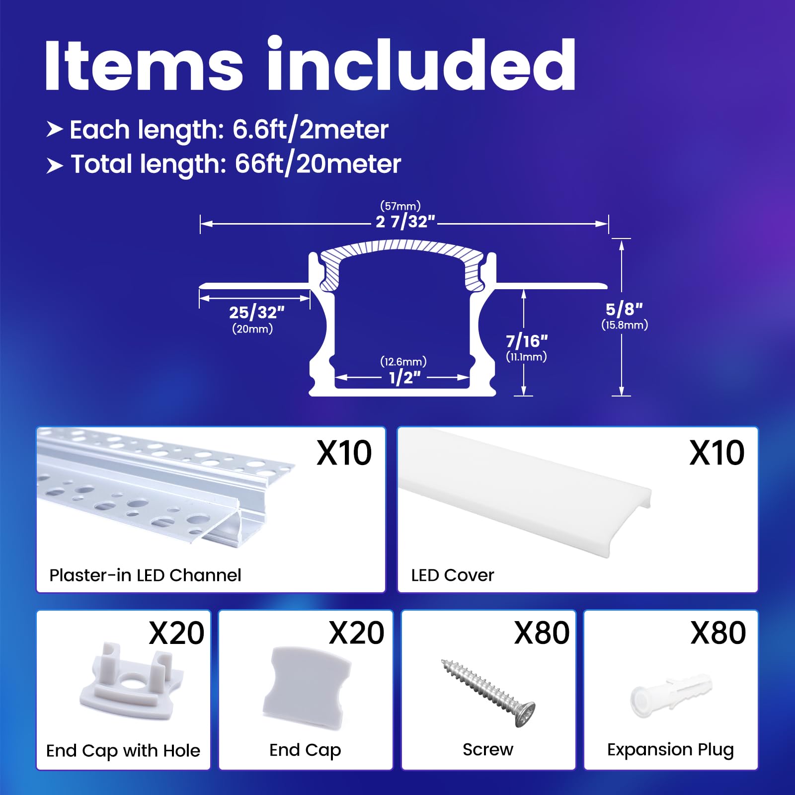 Muzata 10Pack 6.6Ft/2M Plaster In Led Channel Trimless Recessed Led Strip Diffuser Channel Spotless Deeper Wider For Drywall Cei