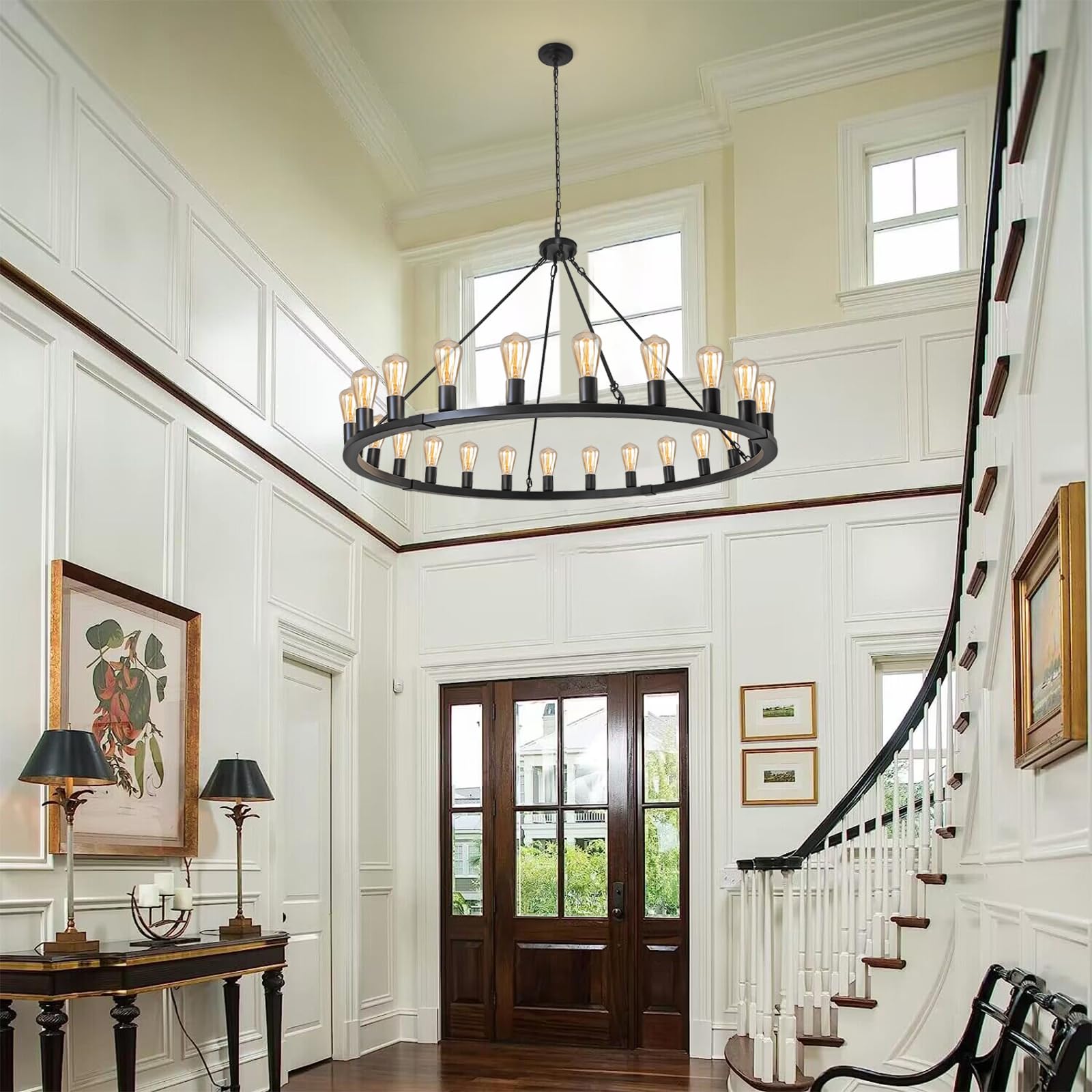 Rviezza Wagon Wheel Chandelier 24-Light 48-Inch, Black Round Rustic Farmhouse Chandelier Extra Large For High Ceilings, Dining R