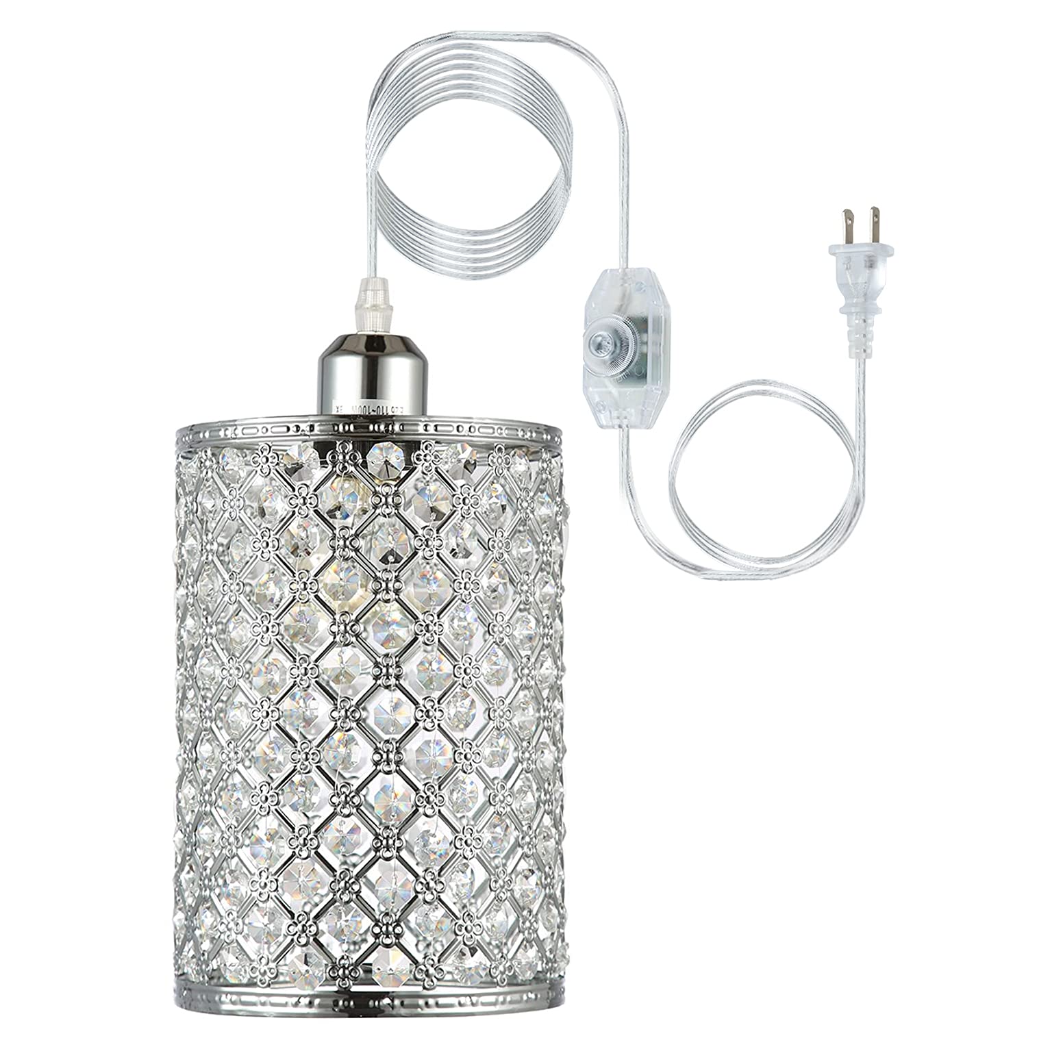 HMVPL Plug in Pendant Lighting Fixtures with Long Hanging Cord and Dimmer Switch, Modern Crystal Hanging Chandelier Sparkly Swag