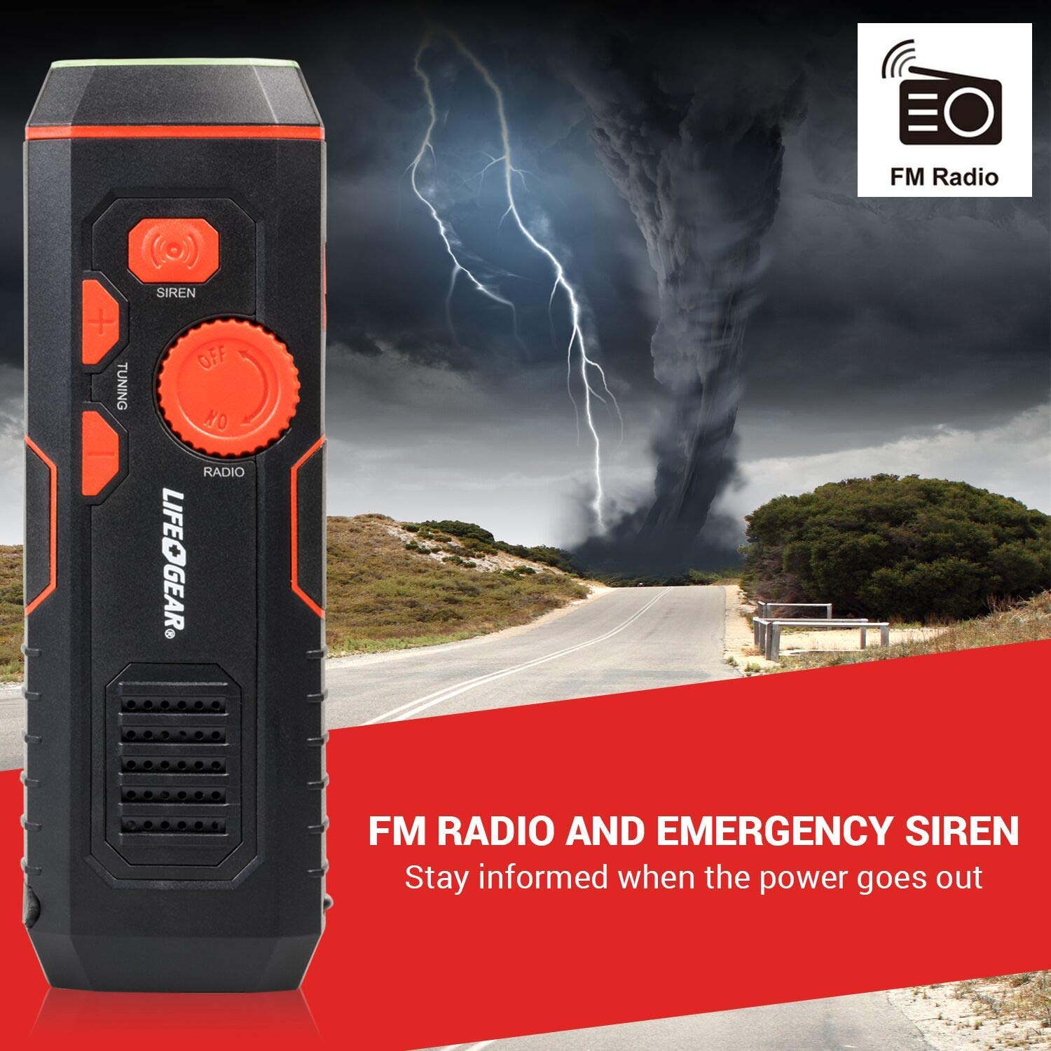 Life Gear StormProof Crank Flashlight - Red & Black, 6.2" x 1.9" x 1.6", Model LG38-60675-RED, Durable &