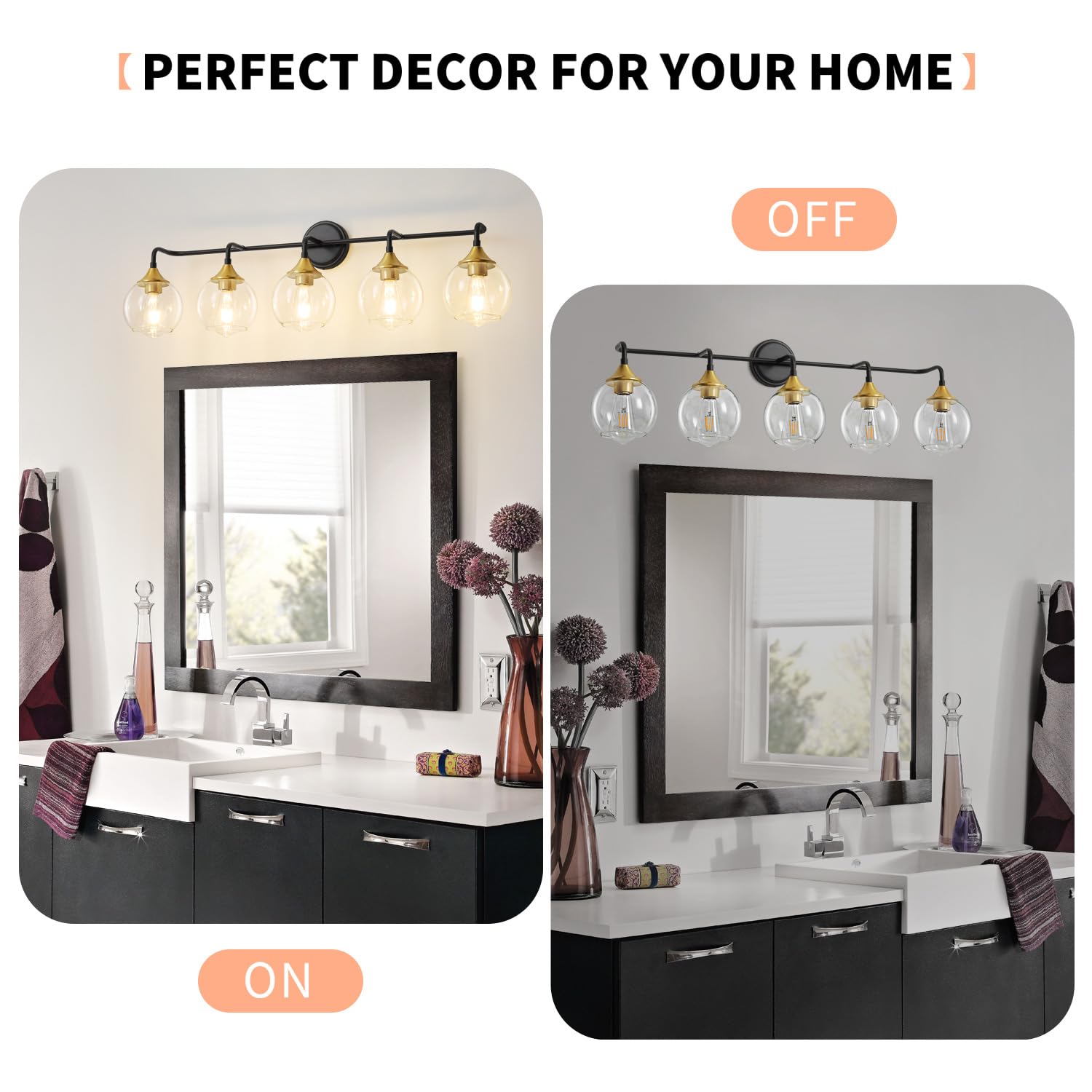 Gednbo Bathroom Vanity Light, 5-Lights, Metal, Black and Gold, Model G1796, Clear Glass Shade, E26 Base, 39 Inch Lighting Fixture