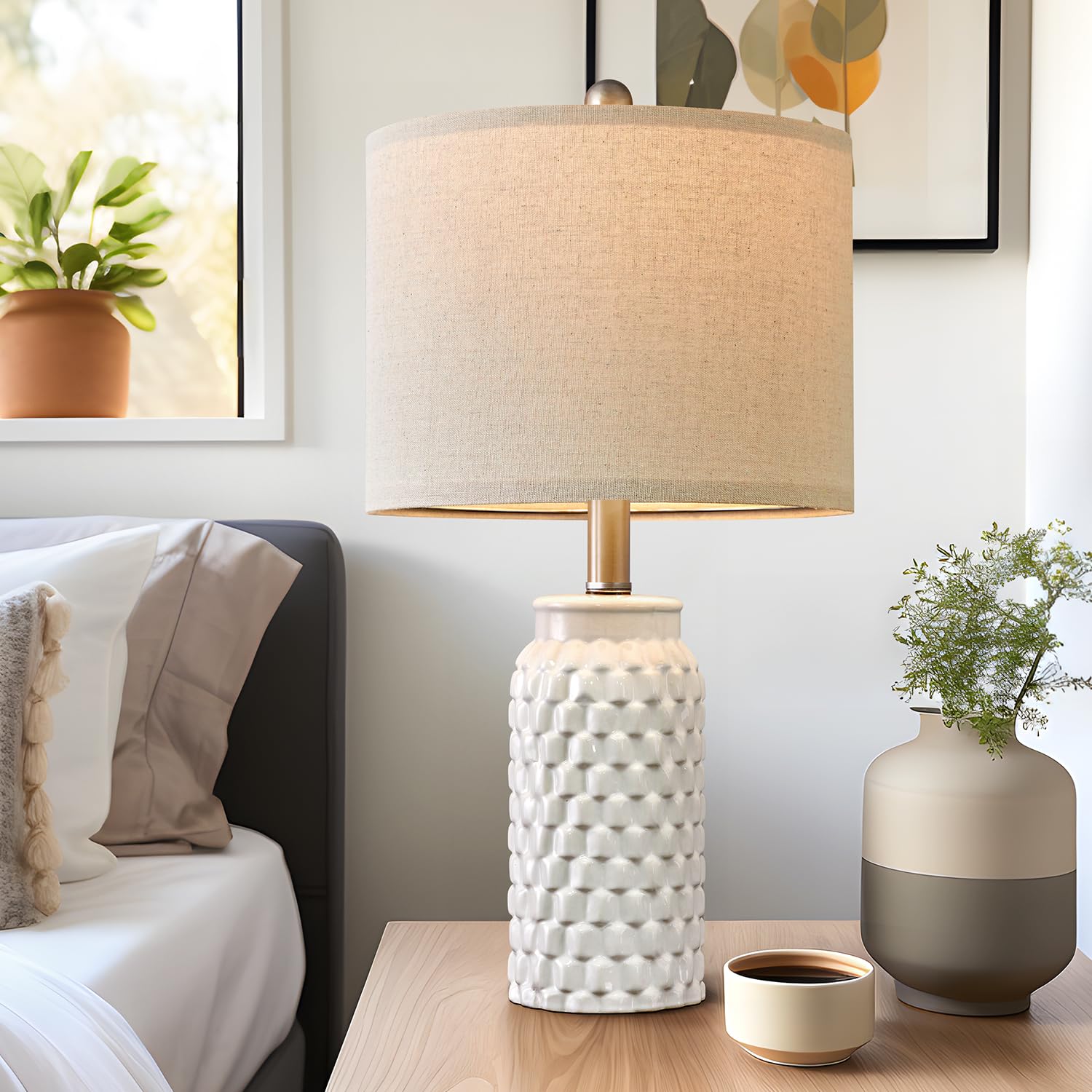 USumkky 20.5" White Modern Ceramic Bedside Lamp Set of 2 for Bedroom and Living Room Decor, Model YM-AMZ-T1092WH-New