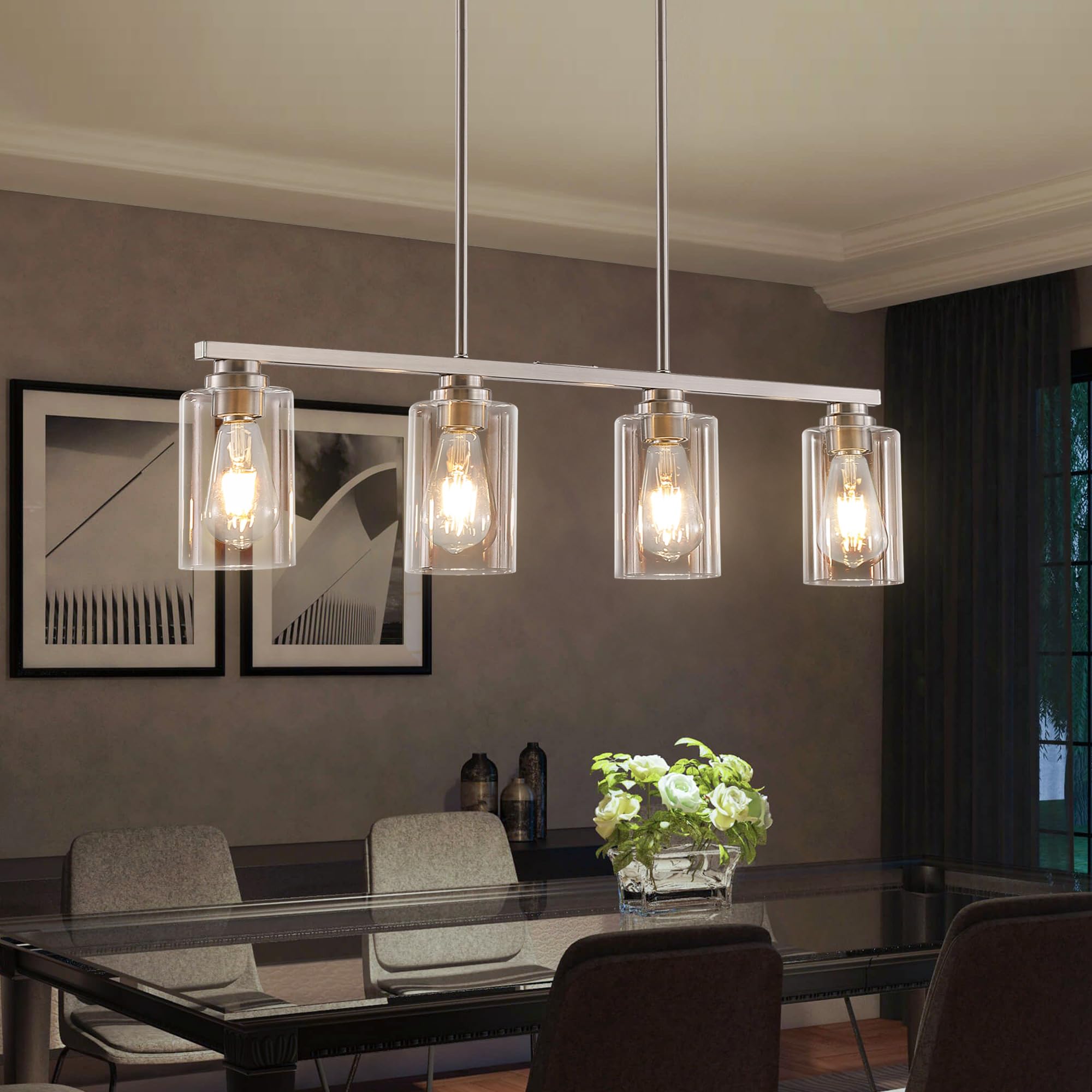 Mecgirn 4-Light Brushed Nickel Linear Chandelier Pendant Light Fixture for Kitchen Island and Dining Room D0017-4