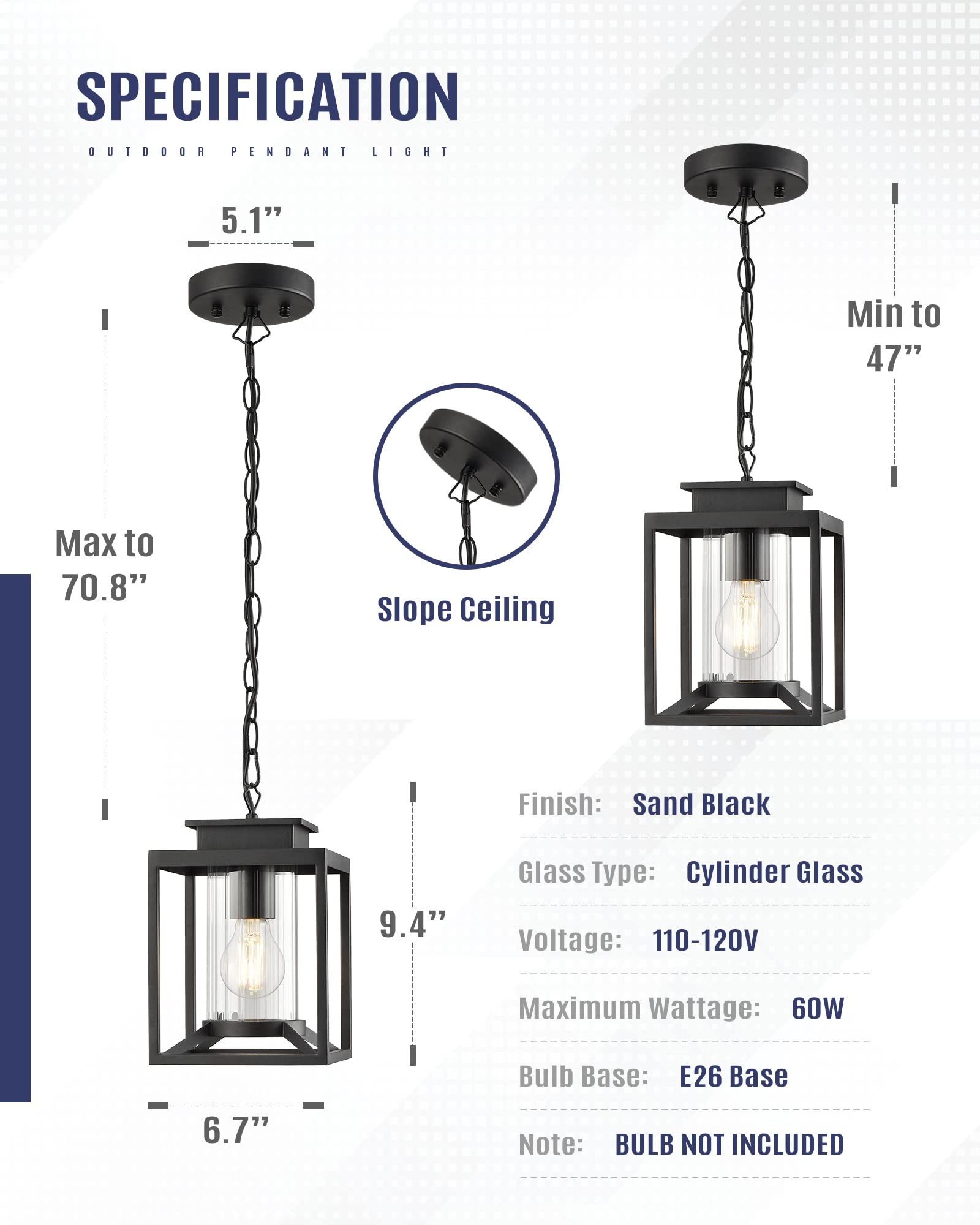Osimir 1-Light Outdoor Pendant Light, Adjustable Chain, Black Metal With Clear Glass Lantern