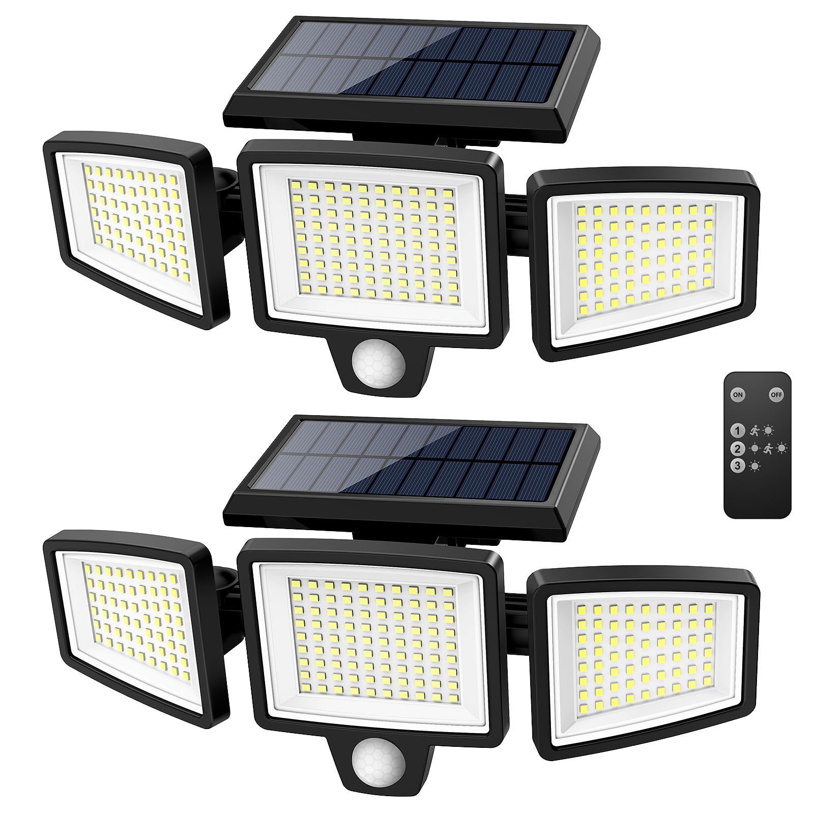 Tuffenough Solar Outdoor Lights 2500LM 210 LED Motion Sensor 3 Heads IP65 Waterproof 2 Pack Black Model 8330D-210R