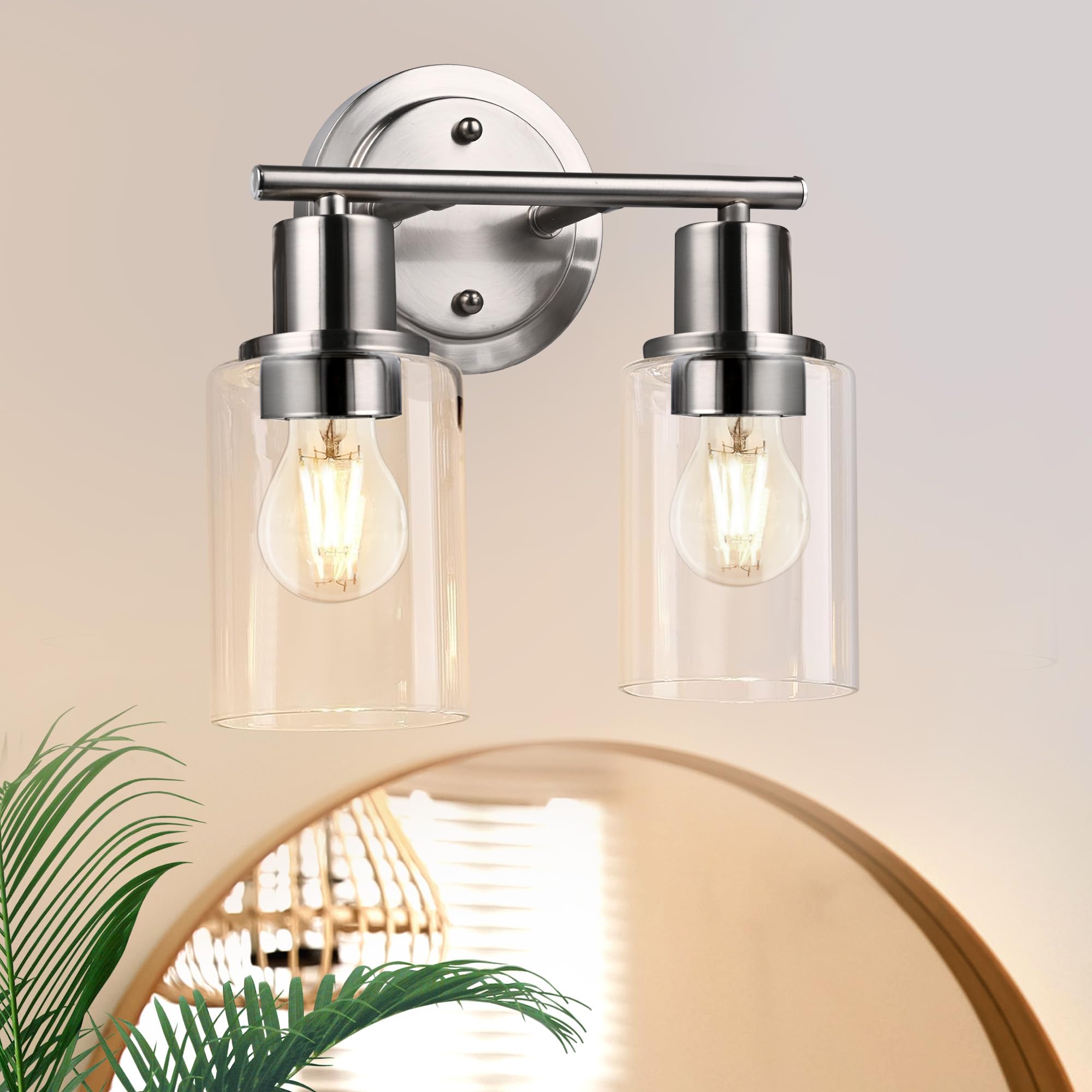 Faymart 2-Light Bathroom Wall Sconce - Brushed Nickel, Glass & Metal, Model 748327905270