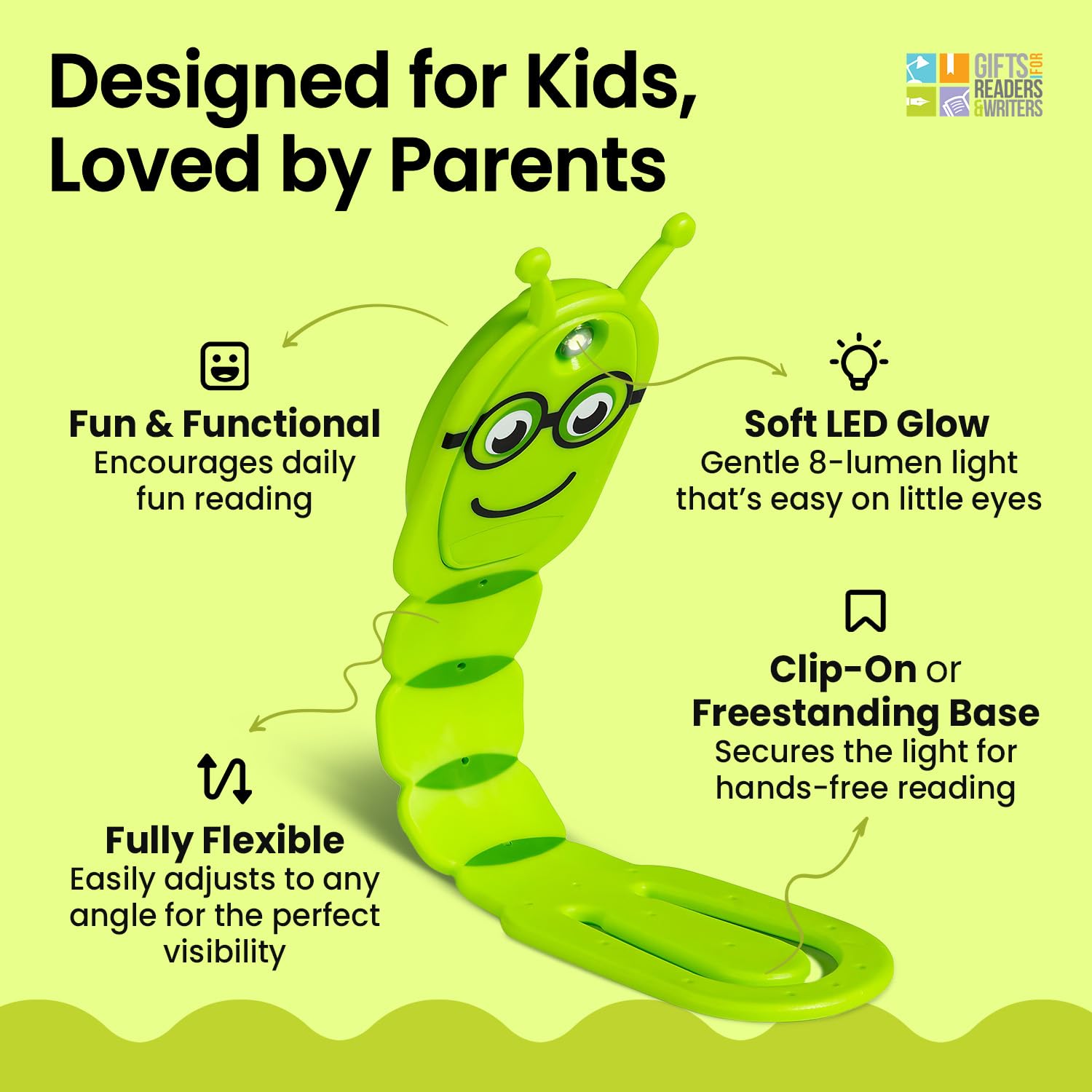 Gifts for Readers & Writers Flexilight Pal Bookmark Light - LED Clip-On, Battery Operated, Silicone Rubber, Bookworm Green, Model 1