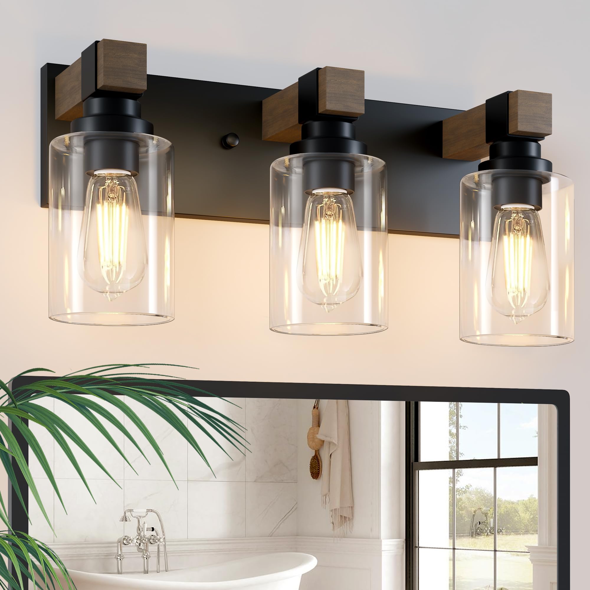 DvmTeom 3-Light Rustic Bathroom Vanity Light, Black & Wood, Vintage Glass Shade, Model D6005