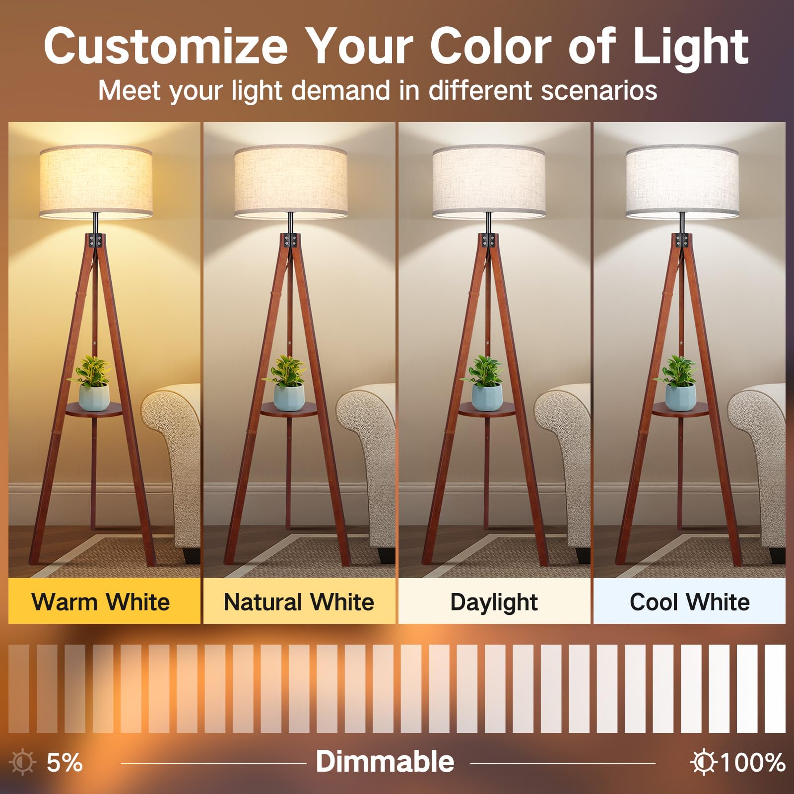 Outon Dimmable Wood Tripod Floor Lamp With Shelves, Remote Control, Mid Century Modern Standing Lamp 58.5'' For Bedroom, Living