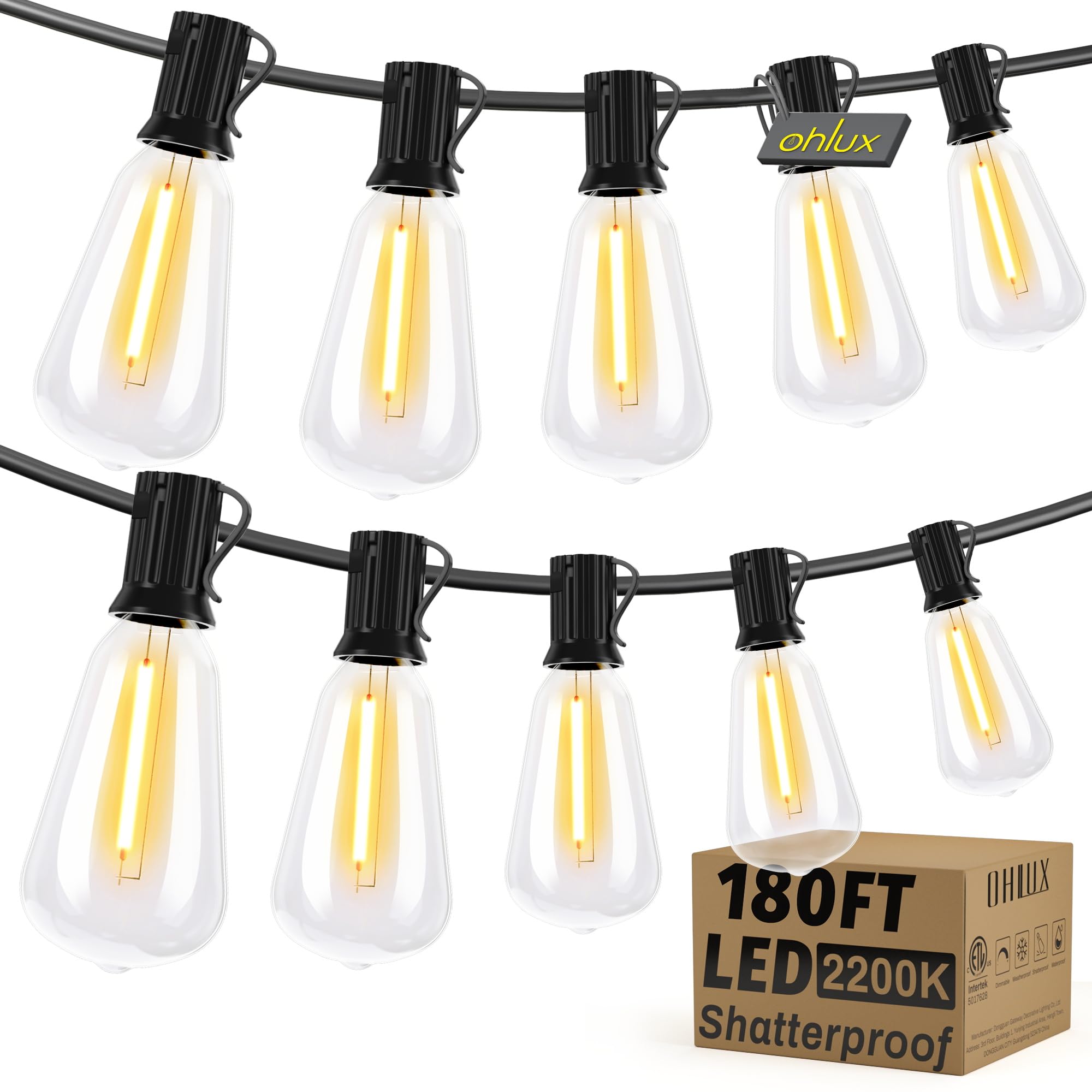 OHLUX Exterior Hanging Lights, 180FT Connectable with 94 Shatterproof ST38 LED Bulbs, Waterproof for Patio, Deck, and Pool