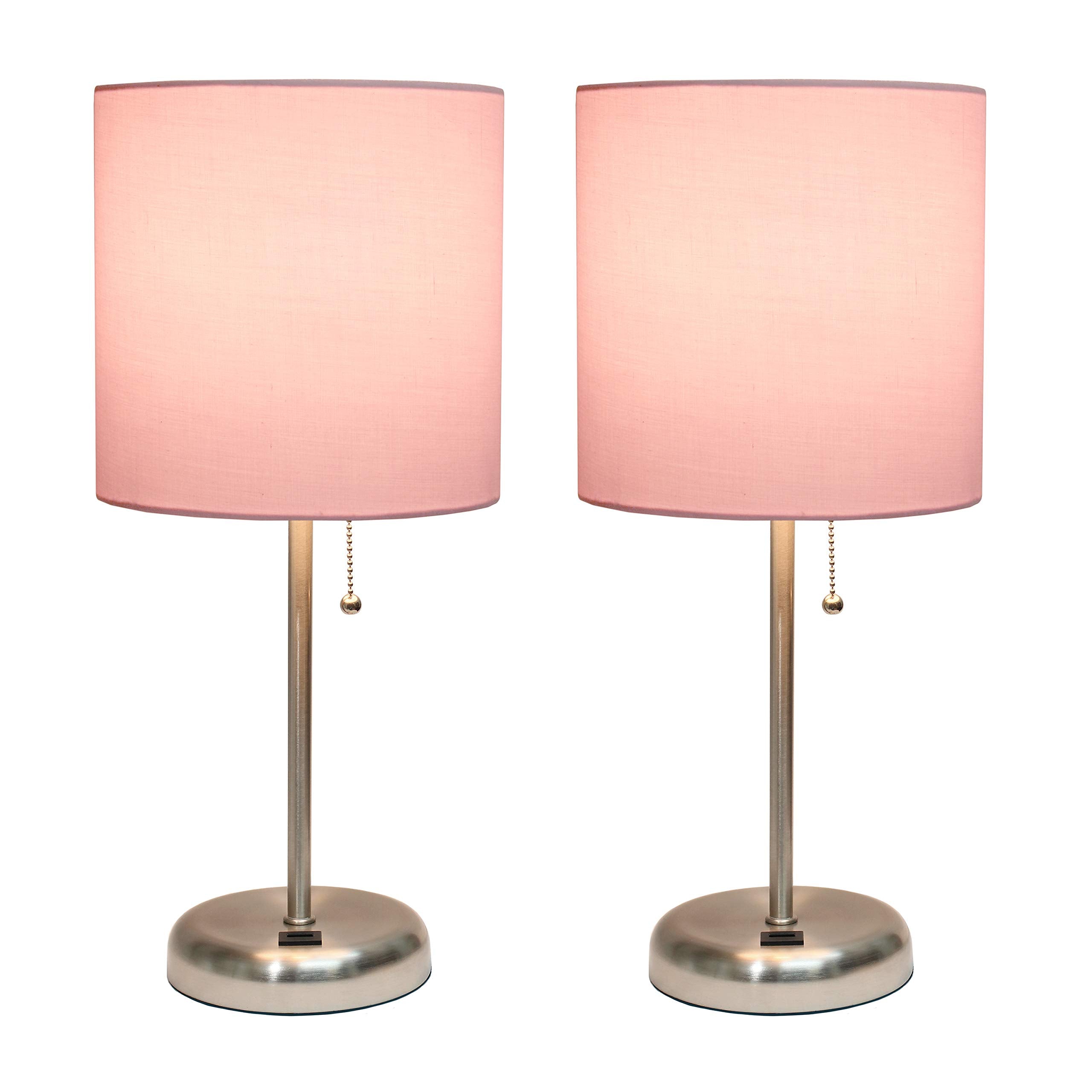 Simple Designs Lc2002-Lpk-2Pk Brushed Steel Stick Table Lamp Set With Usb Charging Port And Light Pink Fabric Shades, 2 Pack Set