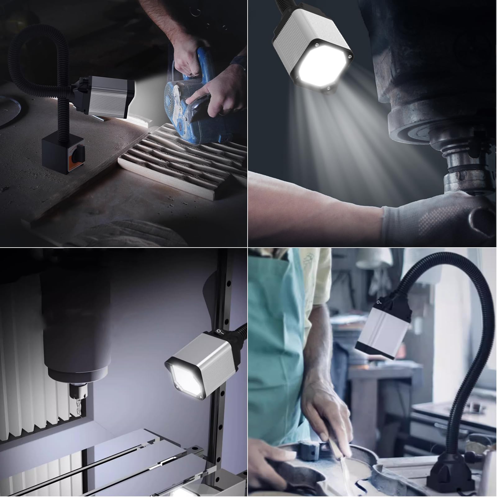 S SHUN CAN DA LED Lathe Work Light, 20in Flexible Gooseneck, 1200 Lumen, Black, Model 30E+6101, Base with 4 Screw