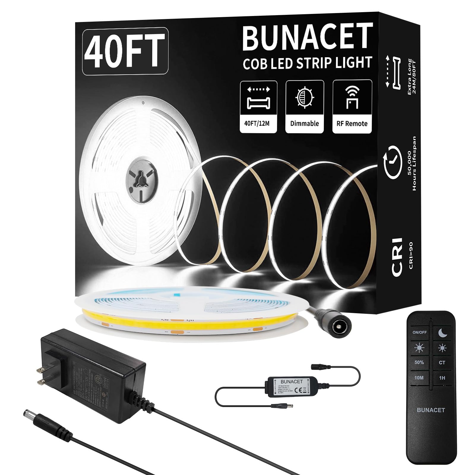 BUNACET COB LED Strip Light 40ft Cool White 6500K High Lumen CRI 90+ with Remote Power Adapter
