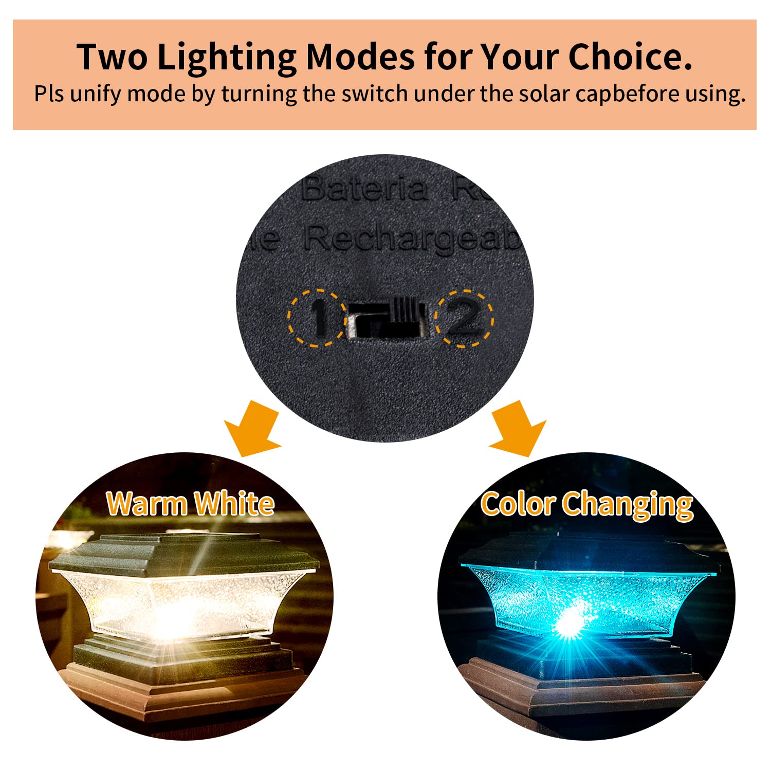 HUYIENO Solar Post Cap Lights LED, 9 Light Modes, Black, 6pk, Plastic, Model HY1238-6