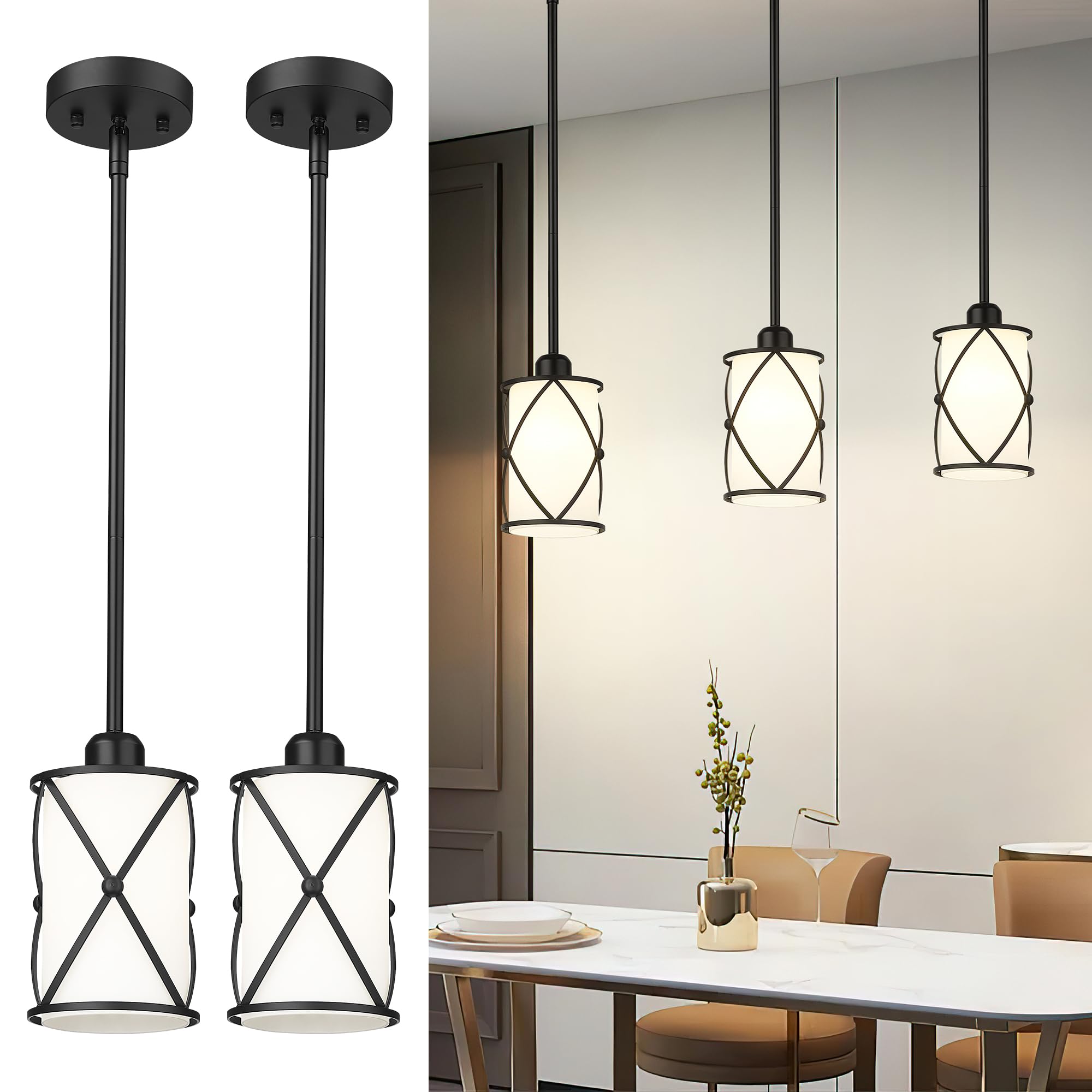 Osimir 2 Pack Black Glass Pendant Lights, Modern Frosted Glass Fixtures For Kitchen & Dining Room