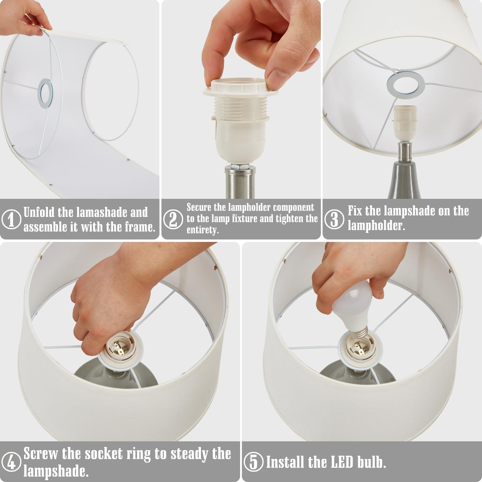 Gyrovu Grey Ceramic Table Lamp Set Of 2 With White Lampshade & Led Bulbs For Living Room & Bedroom