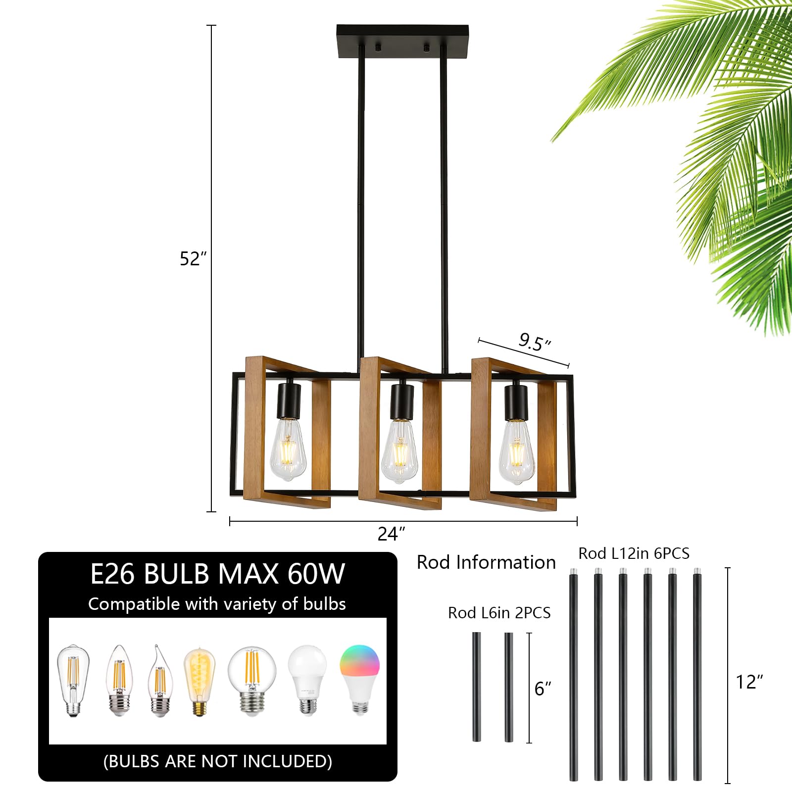 23.6'' Kitchen Island Lighting,3 Lights Dining Table Chandelier, Rectangle Island Light For Dining&Living Room, Foyer Hallway,E2