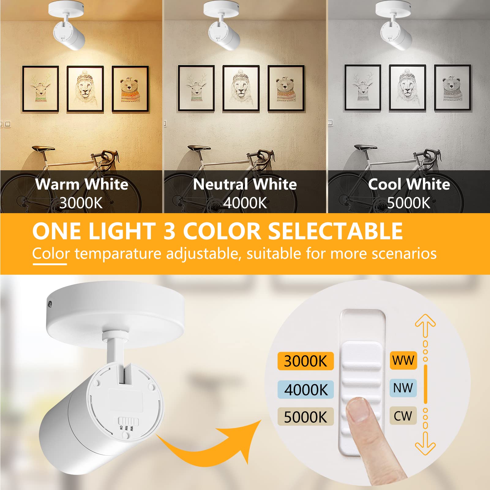 Vanoopee 3 Color Dimmable Led Ceiling Spotlight, Adjustable Directional Light, 20W, 2000Lm,