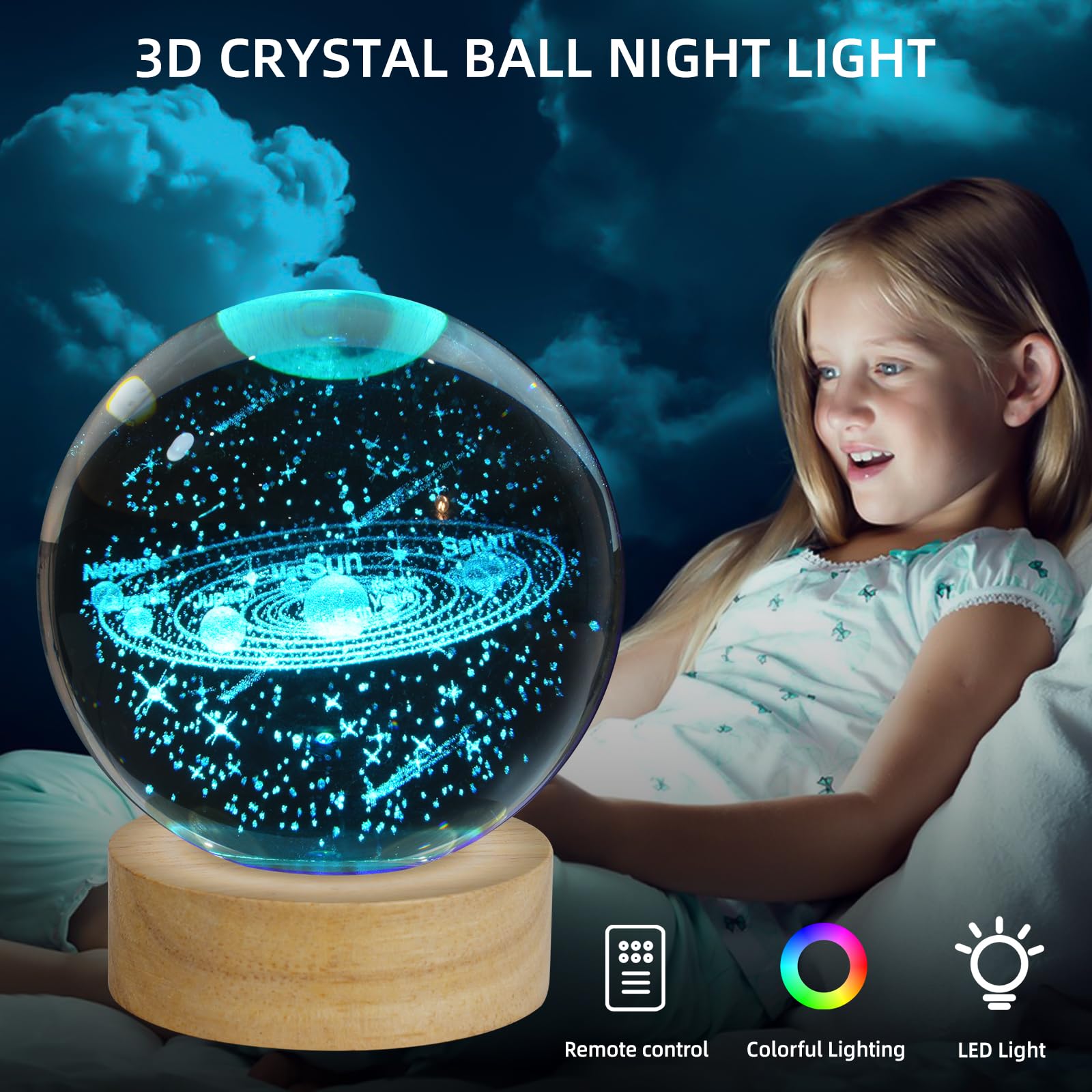 Zxblaq 3D Solar System Crystal Ball Night Light, Upgraded 3.15 Inch Glass Ball Lamp With 16 Color Led Wooden Base, Solar System