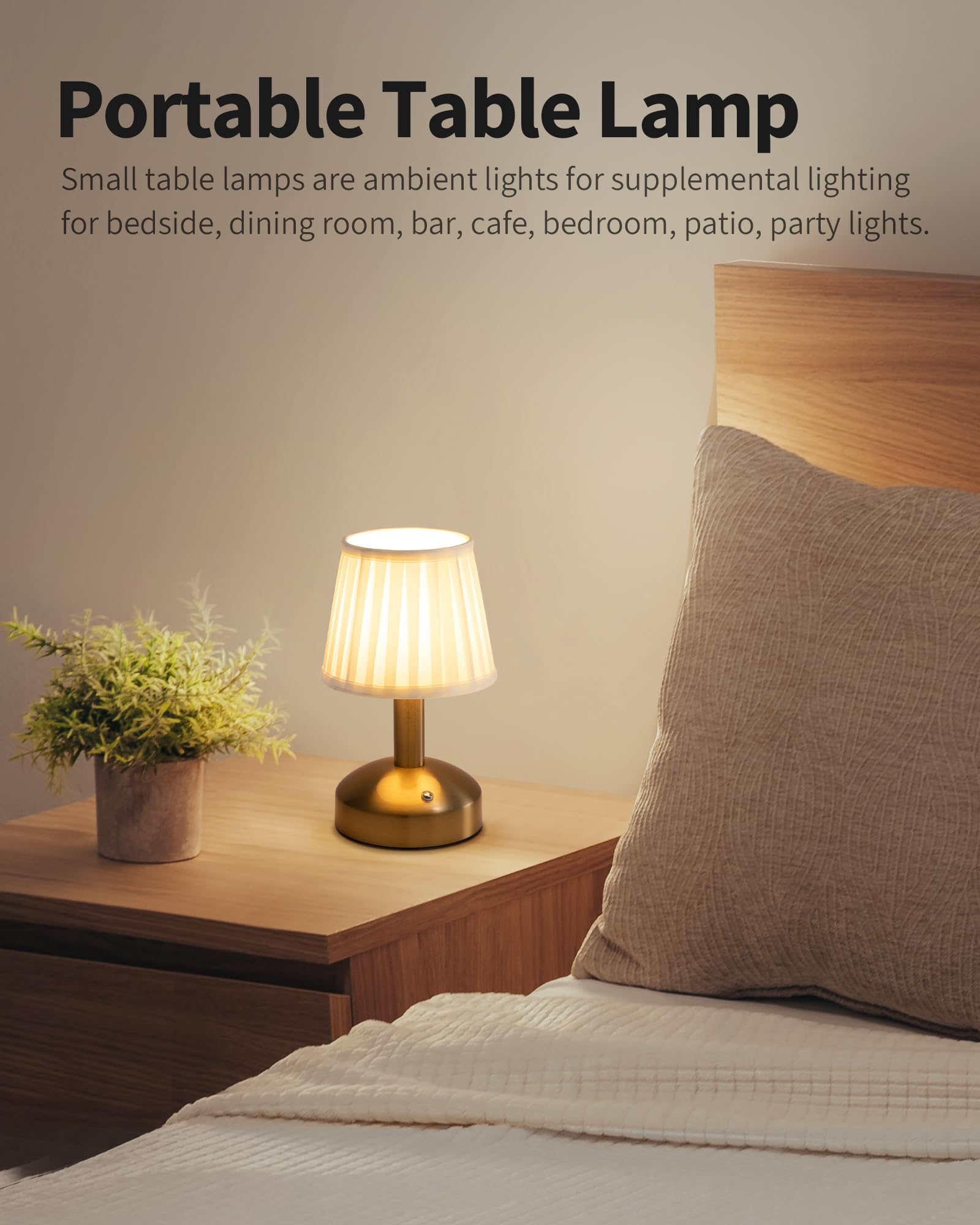 Kdg Modern Cordless Small Table Lamp, Led Fabric Shade, 5000Mah Battery, Gold & White, Model Amz-Tbl-012-Dg