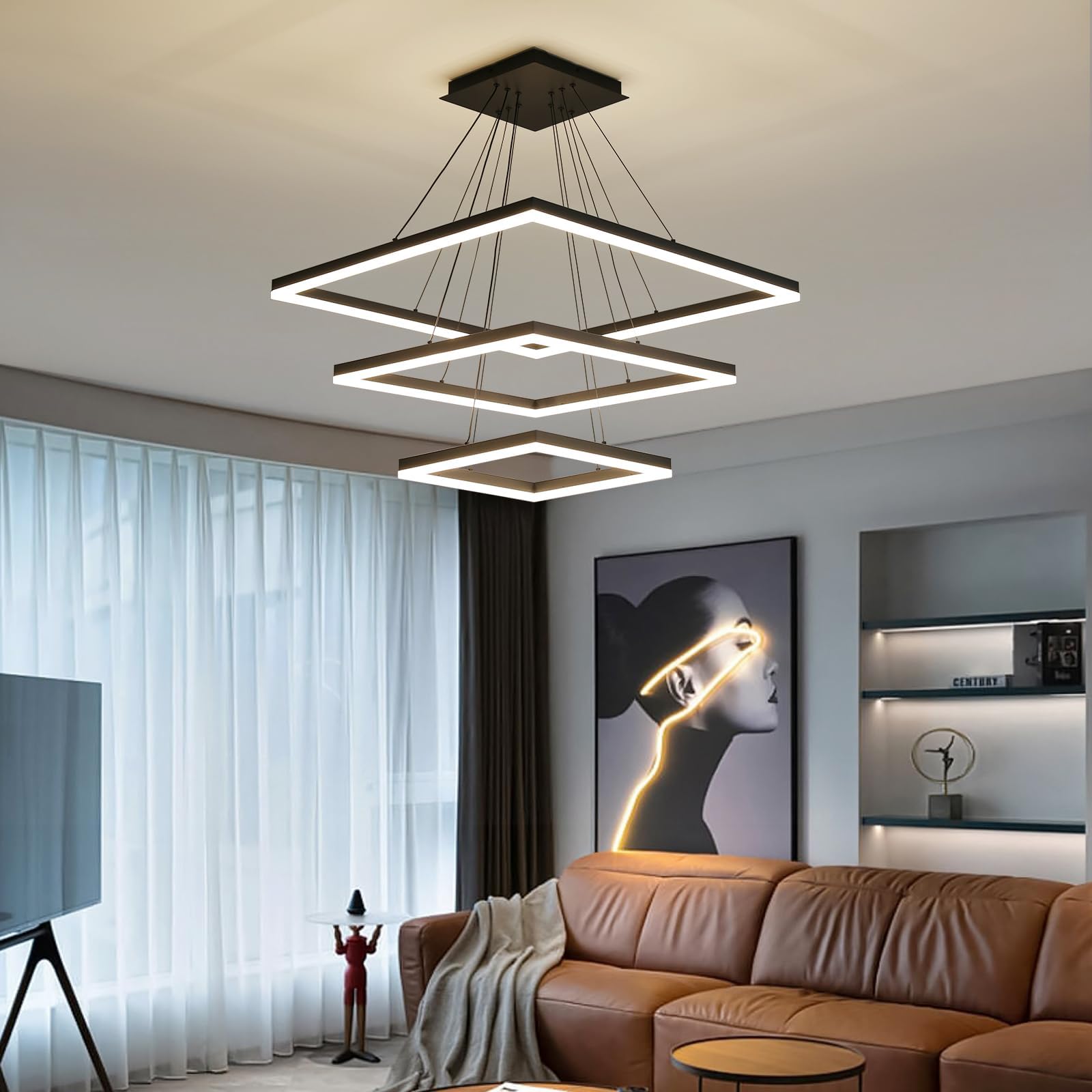 Matven Ceiling Chandelier, Remote Control, Dimmable 3 Color Modes, 15.7+23.6+31.4in, Black, Aluminum Pendant Light Fixture