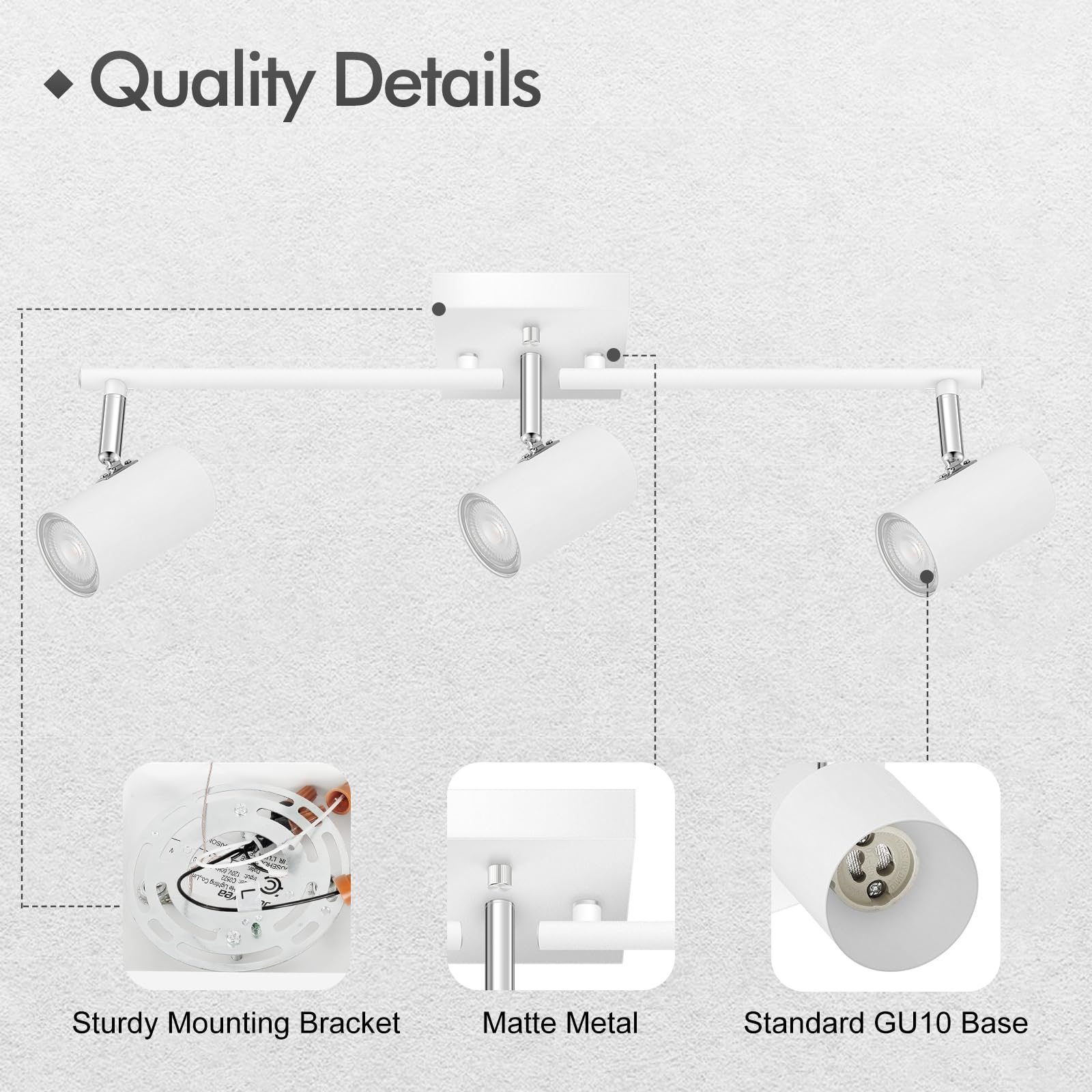 Auquee 3 Light Track Lighting Fixtures Ceiling, White Kitchen Lighting Fixtures Ceiling, Track Lights Ceiling, Rotatable Light H