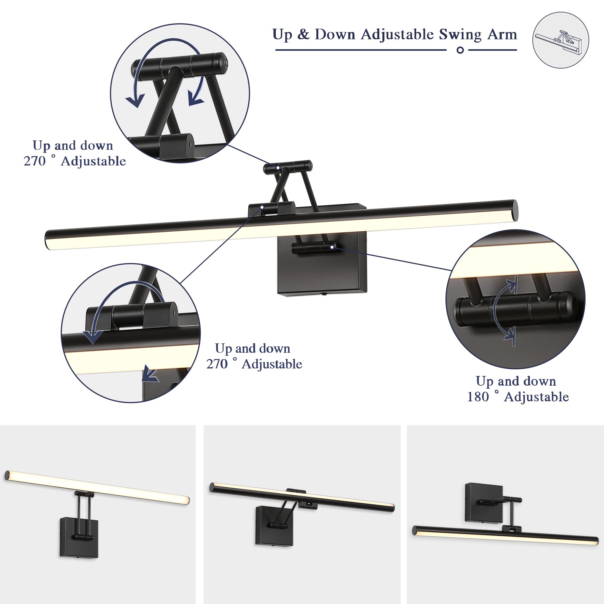 Joossnwell Picture Light 23.62" Dimmable Metal Art Light, Hard-Wired Black, Adjustable Swing Arm for Painting, Library, Museum