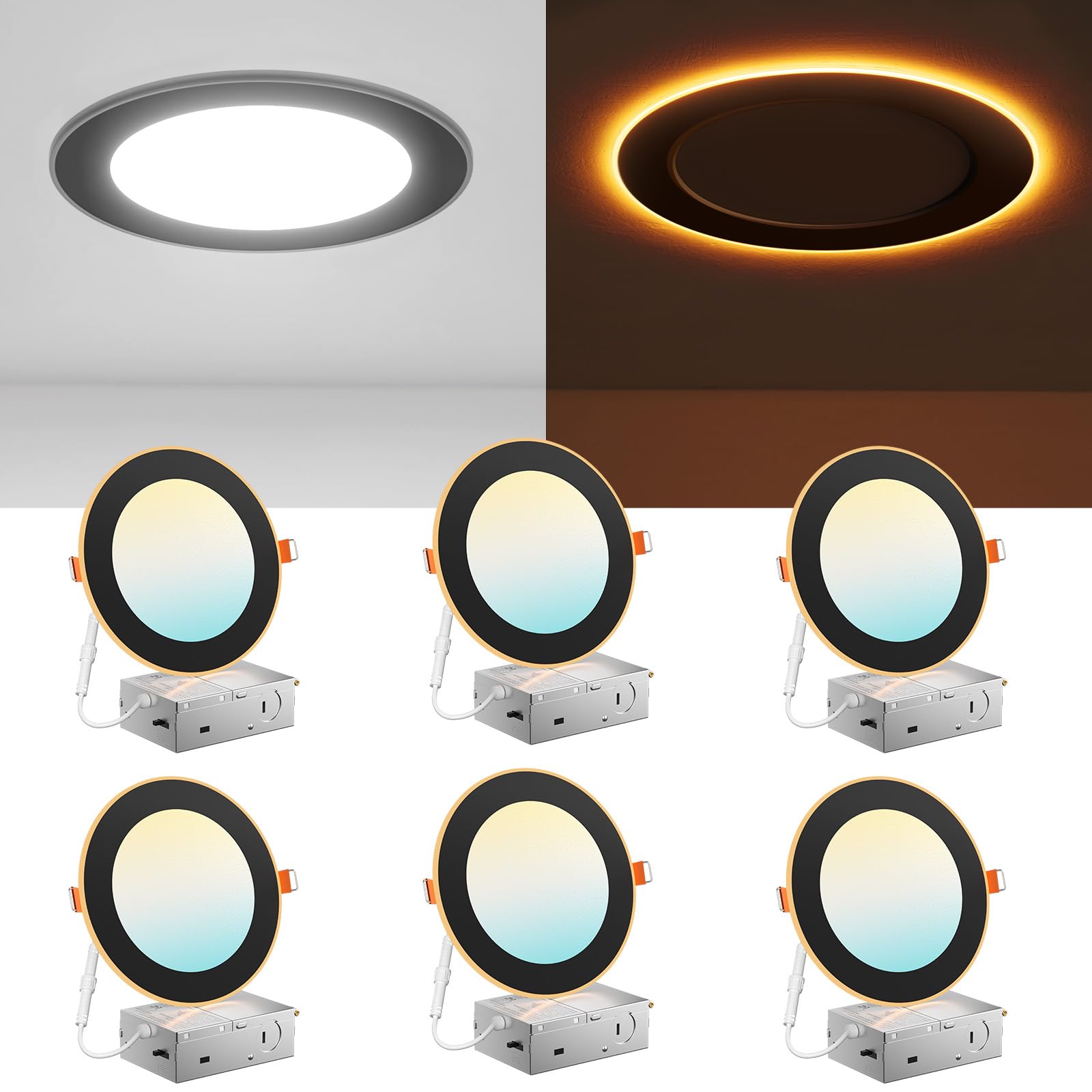 Amico 6 Pack Black 6 Inch 5CCT LED Recessed Ceiling Light with Night Light, 2700K/3000K/3500K/4000K/5000K Selectable Ultra-Thin 