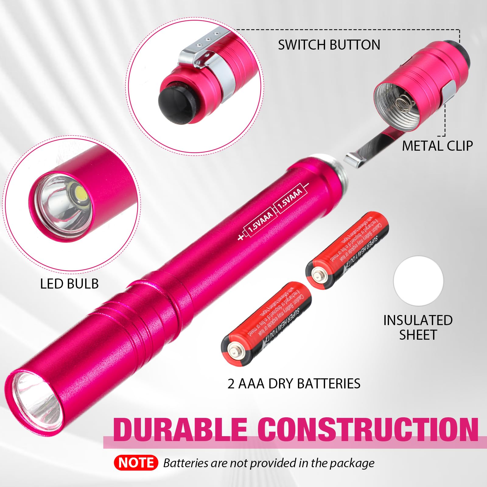 Tujoe LED Penlight, Aluminum Mini Flashlight with Clip, 12 Pack, Rose Red, Model SEW-Tujoe-1705