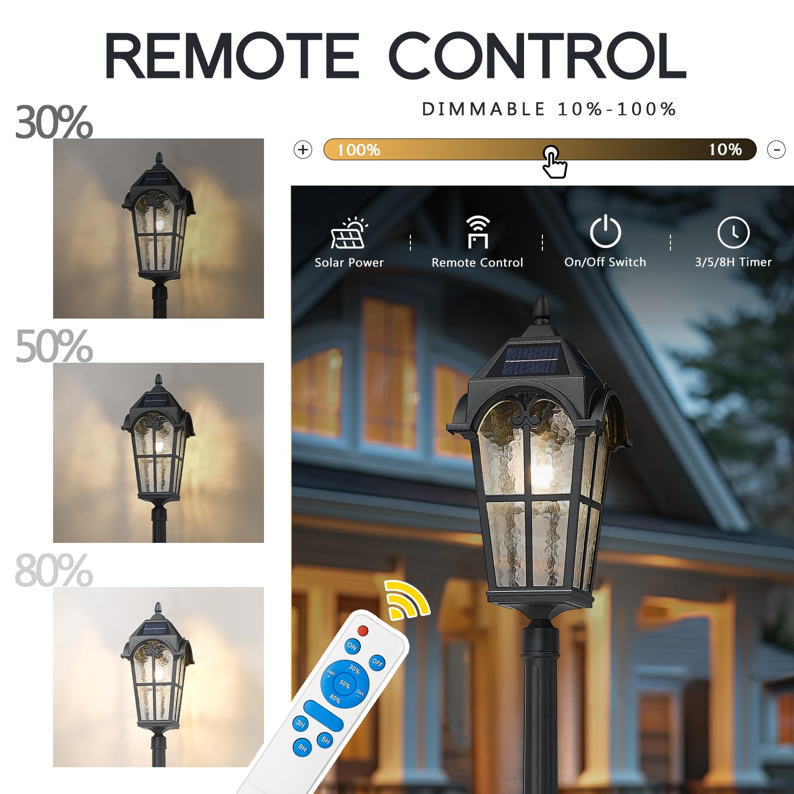 Emliviar Solar Powered Street Light Fixture, 85.4in Waterproof, LED Bulb, Remote Control, Aluminum, Black, Model YXE302MPL-SL BK