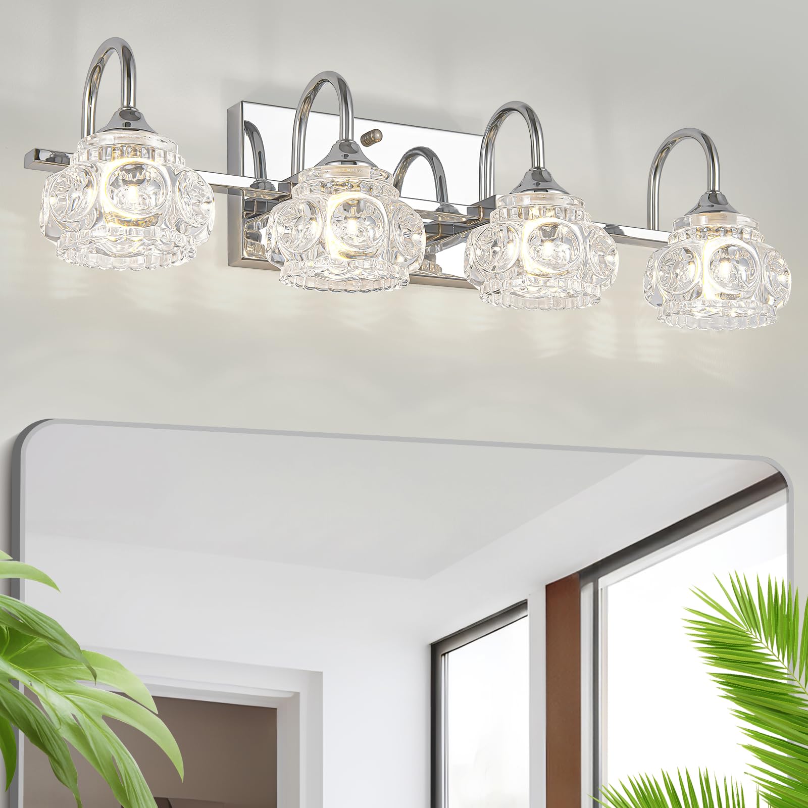 Dikaida 4-Light Bathroom Lighting Fixtures Over Mirror, Polished Chrome Modern Vanity Lights With Crystal Glass Shade, Over Mirr