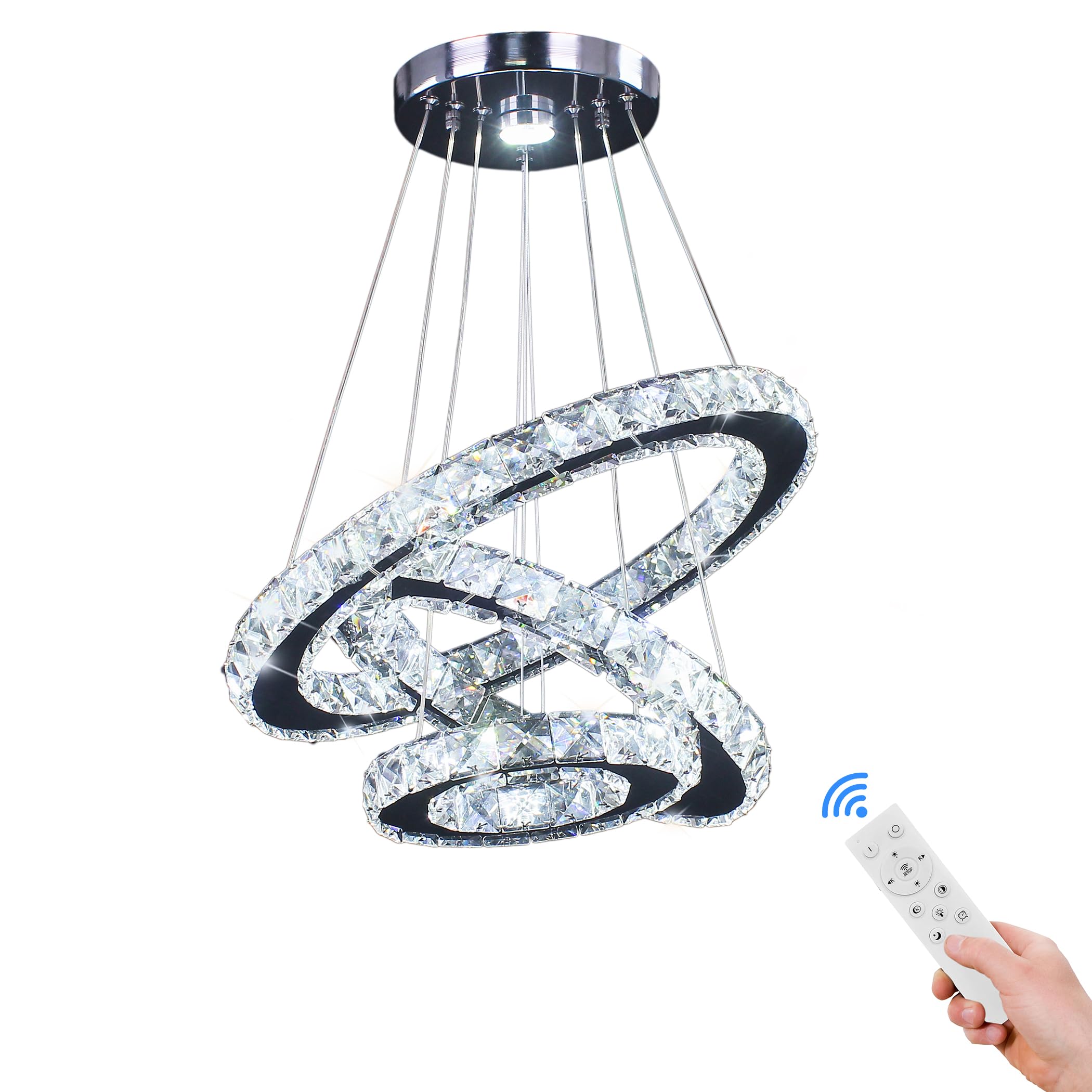 diisunbihuo Dimmable LED Chandelier Pendant Light, 3 Rings, Adjustable, Stainless Steel, Silver, Model 234-Dimmable