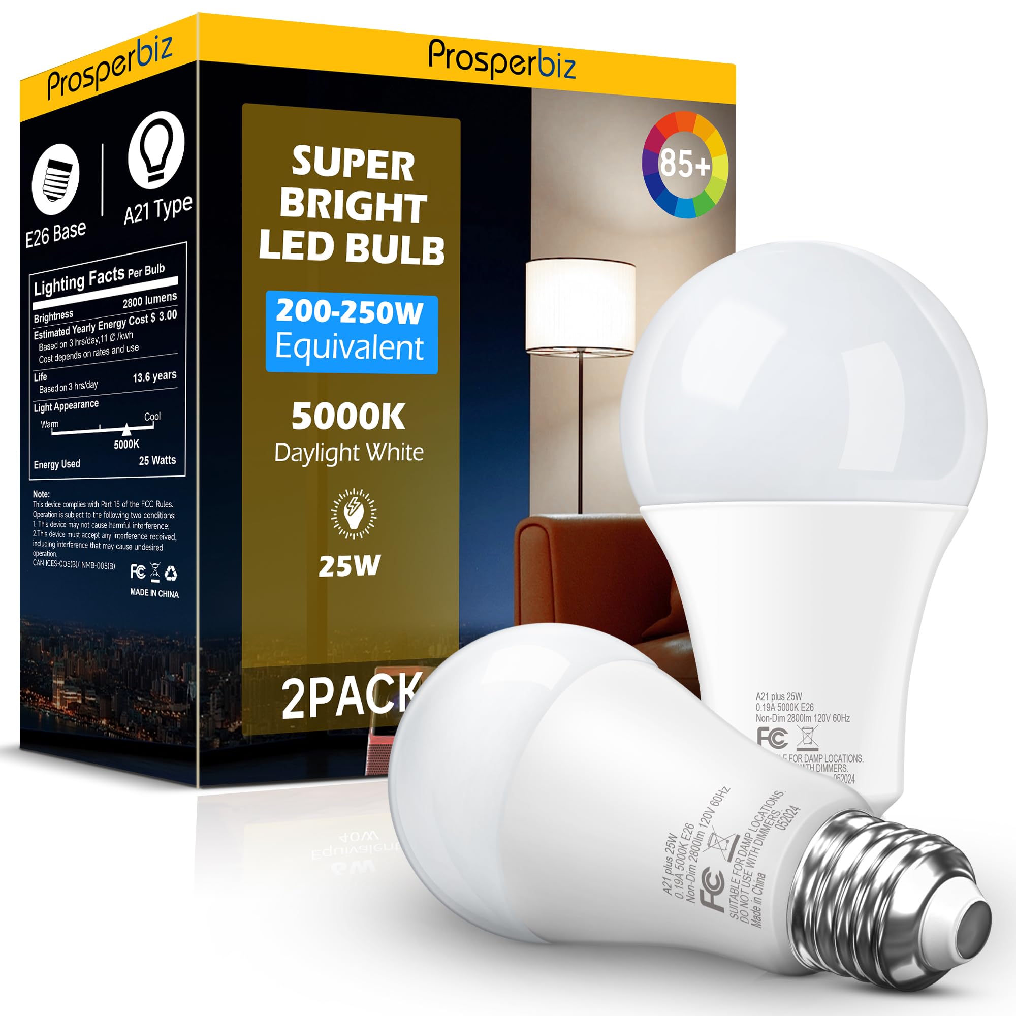 Prosperbiz A21 LED Light Bulb 200-250 Watt Equivalent 25W Daylight White 5000K 2800 Lumens E26 2-Pack