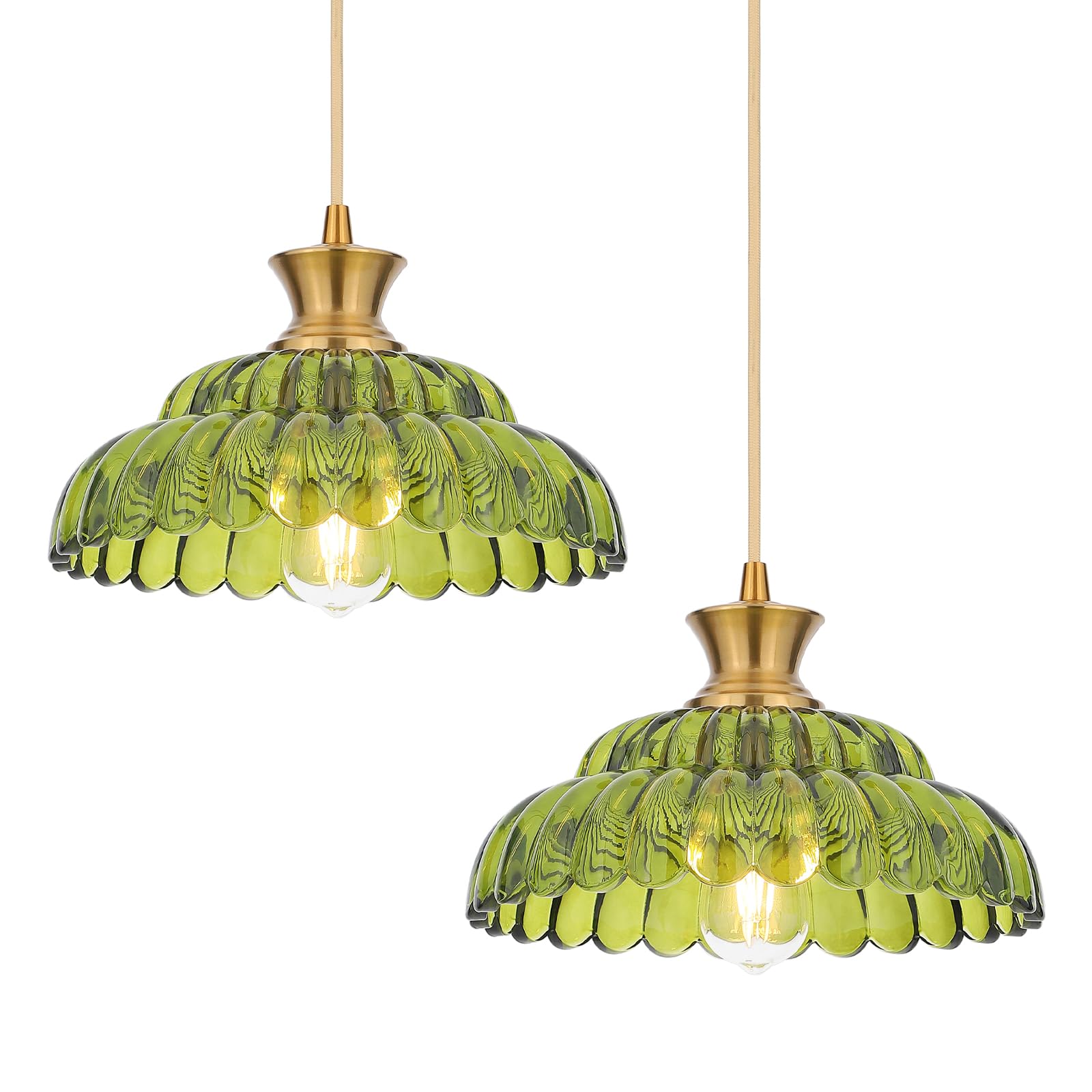Mgcanyu 2Pack Glass Pendant Lights  11.8 Vintage Lighting Green Glass Light Fixtures Brushed Gold Modern Glass Chandelier Hanging Ceiling For Kitchen Island Dining Room Restaurant Foyer Entryway