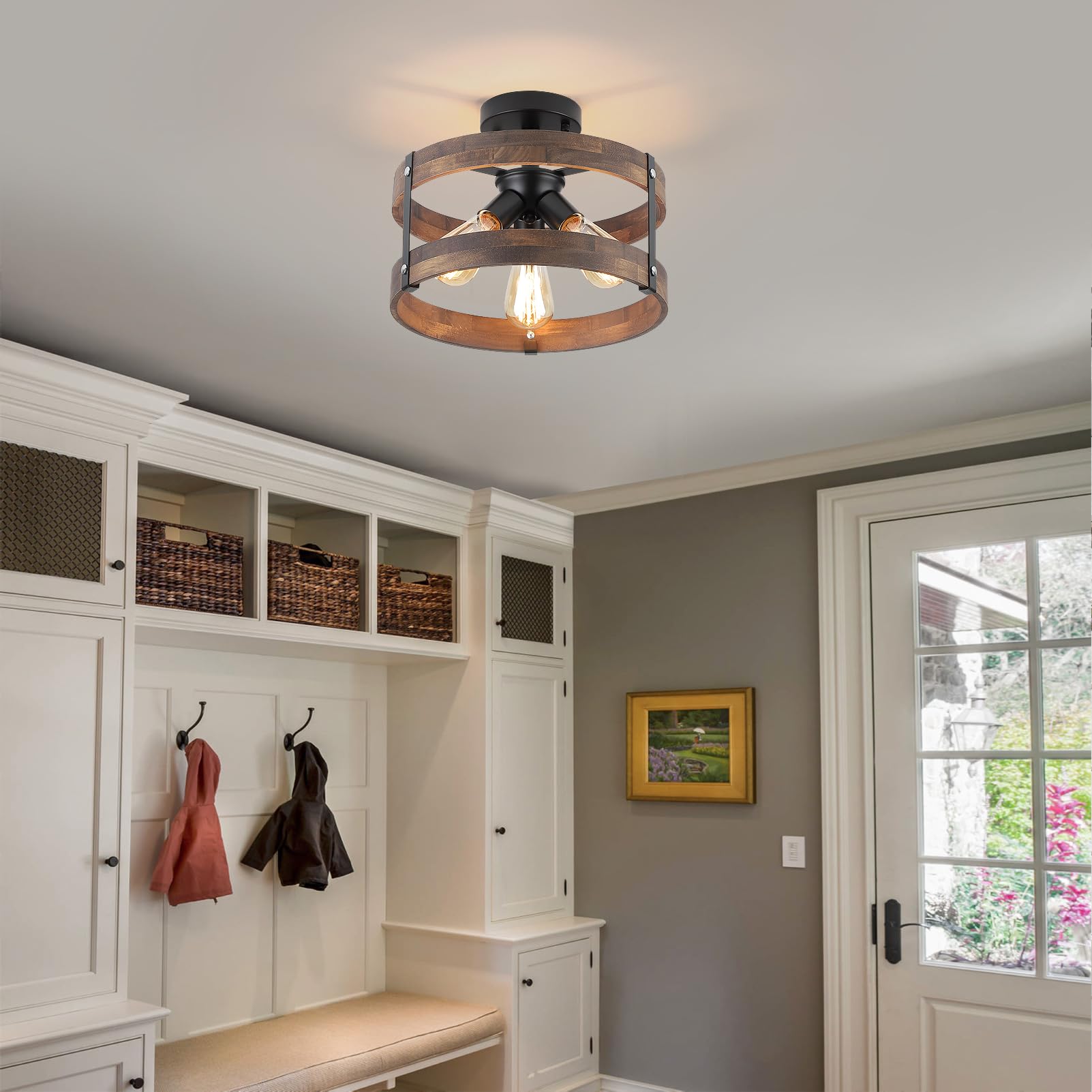 3-Light Rustic Farmhouse Wood Flush Mount Ceiling Light Fixture Oak Wood Round Drum Semi Flush Mount Ceiling Light For Hallway H