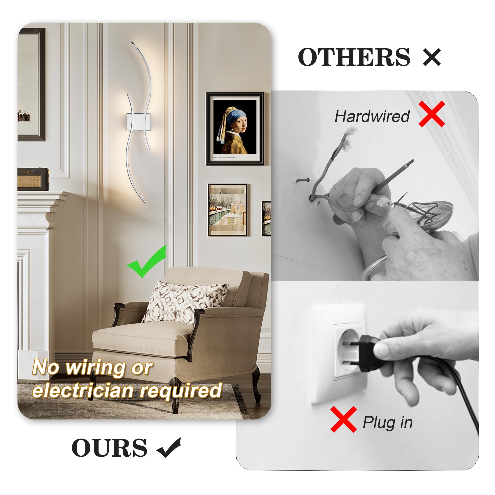 KARTOOSH LED Wall Sconces Set of 2, Battery Operated, Remote Control, Dimmable, Chrome, 39.3 Inches, Model ZM319BCM100
