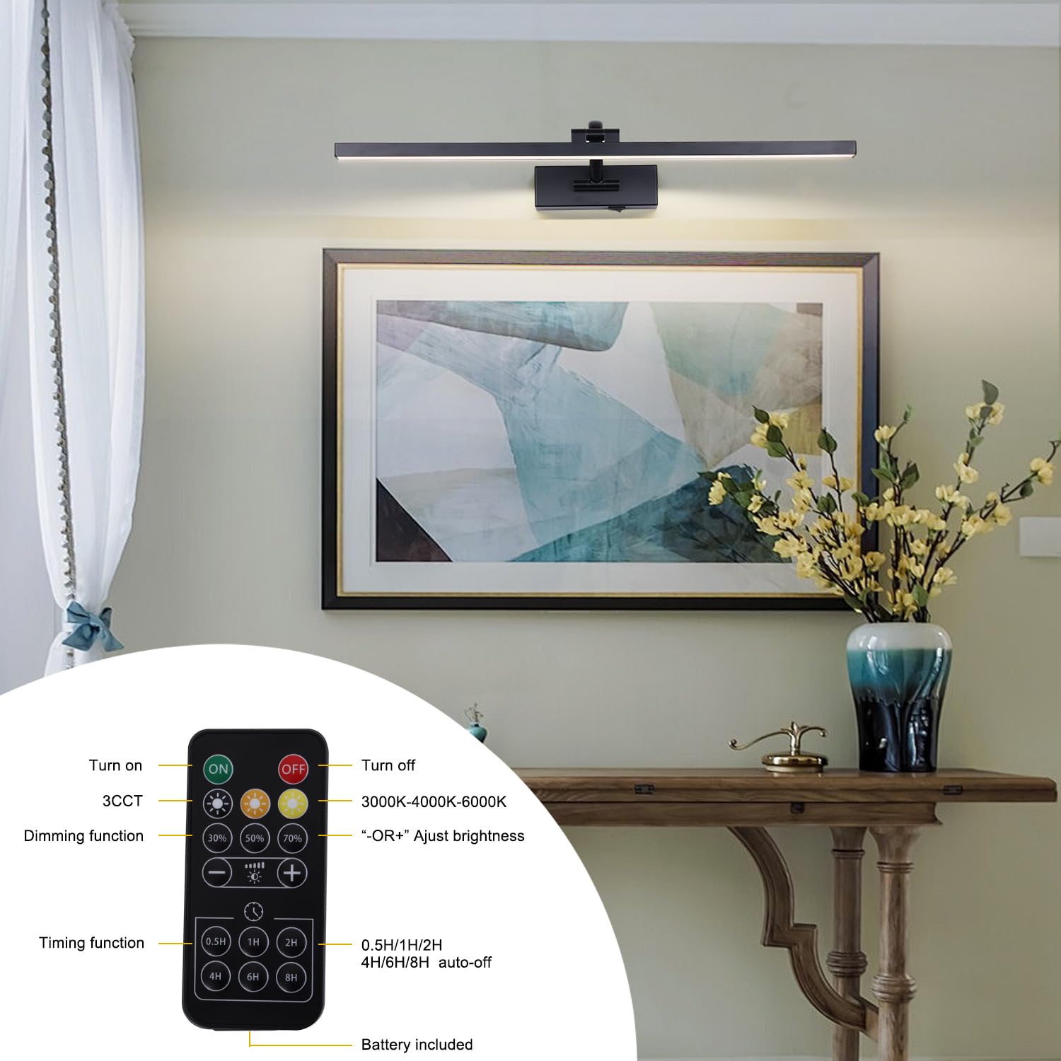 Brivolart Battery Operated Picture Light With Remote Wireless Dimmable Art Lights For discomfort-reducingtings Rechargeable Gallery Light Artwork Lighting For Canvas  Portrait (Black 23.6 Inch)