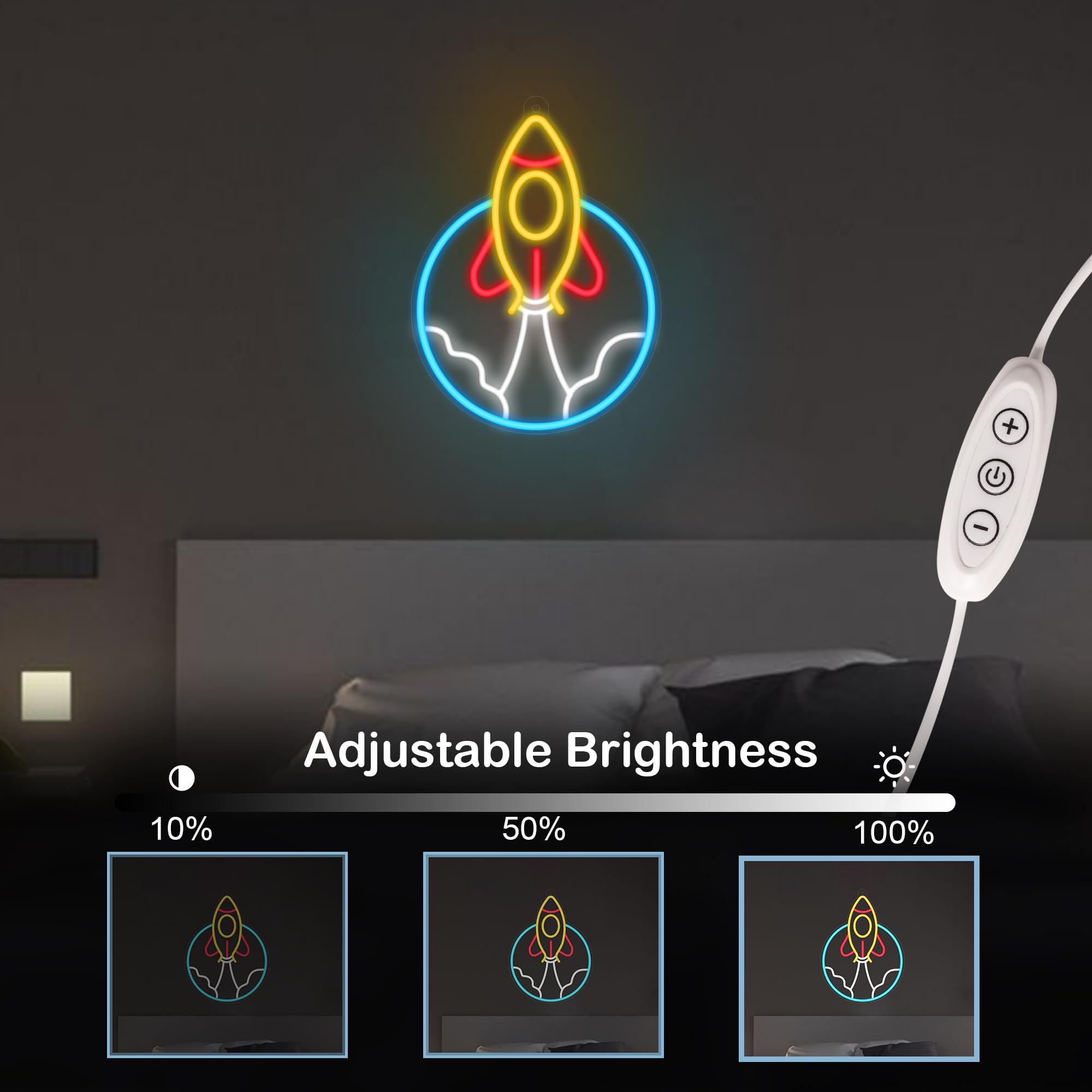 CoolGift Mart Rocket Neon Sign, LED Light Room Decor, USB Powered Light Up Space Element Universe Theme Decoration, for Bedroom