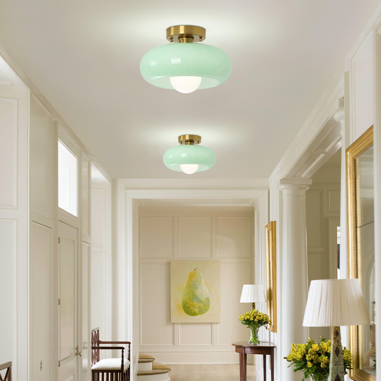Yunnix Flush Mount Ceiling Light Glass Fixture 11.02 inch Mint Green Gold Base for Bedroom Kitchen Dining Room Hallway