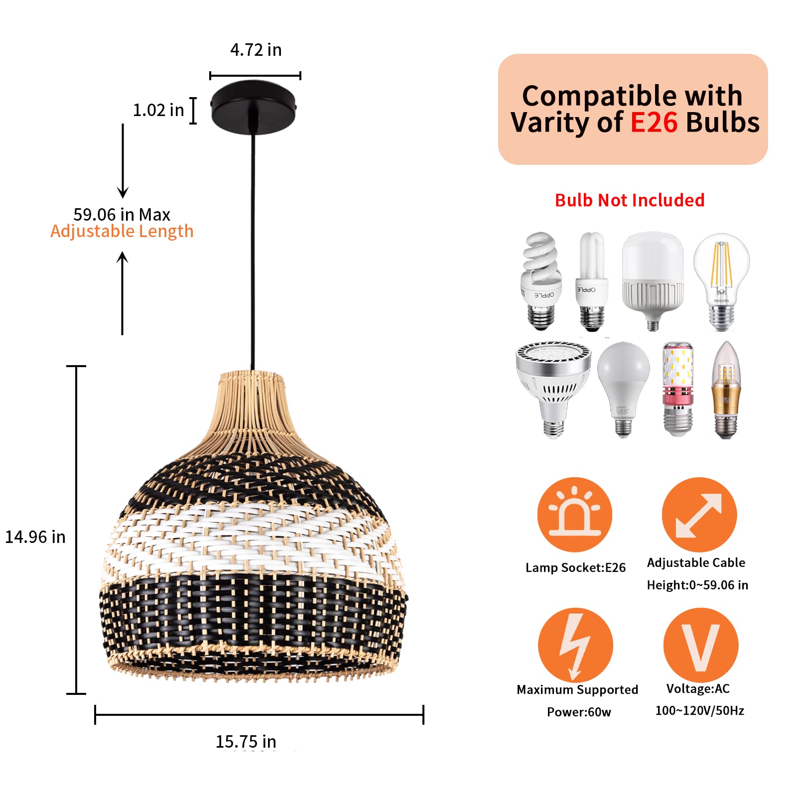 Teru Ji Kaikang 3-Lightrattan Pendant Light,15" Hand-Woven Black White Faux Rattan Hanging Light Boho Basket Wicker Chandelier,For Living Room Bedroom Kitchen Dining Hallway