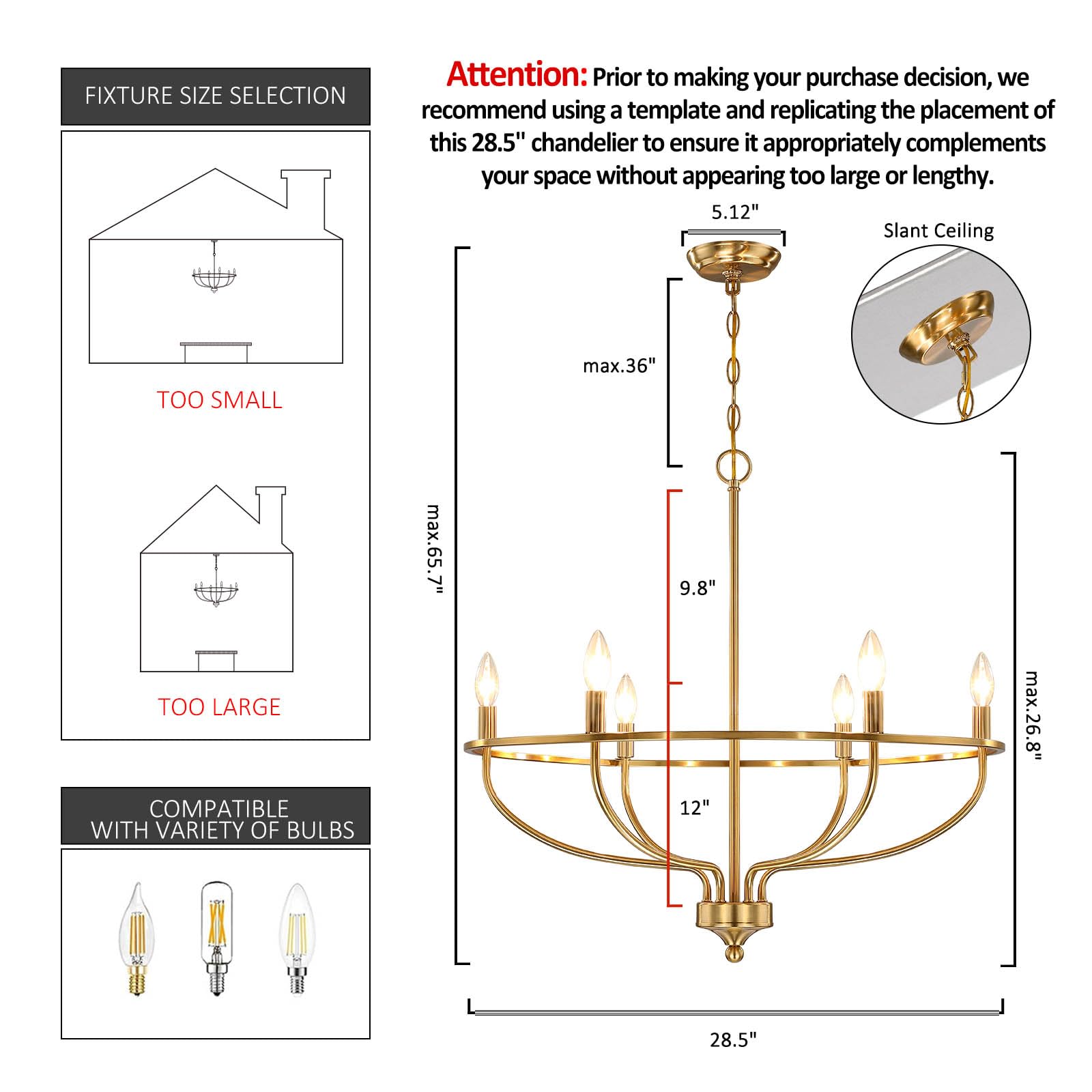 Gold Chandelier For Dining Room, 28.5 Inch Diameter Modern Farmhouse Candle Chandelier Light Fixture Over Table, 6-Light Brass C
