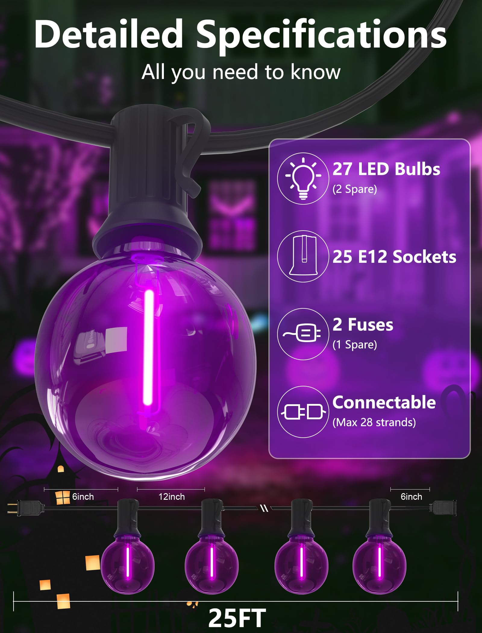 Sunsgne G40 Led Purple Lights Outdoor  25 Feet Halloween Purple String Lights With 25 Count Bulbs For Halloween Thanksgiving Indoor Outdoor Party Festival Haunted House Decor