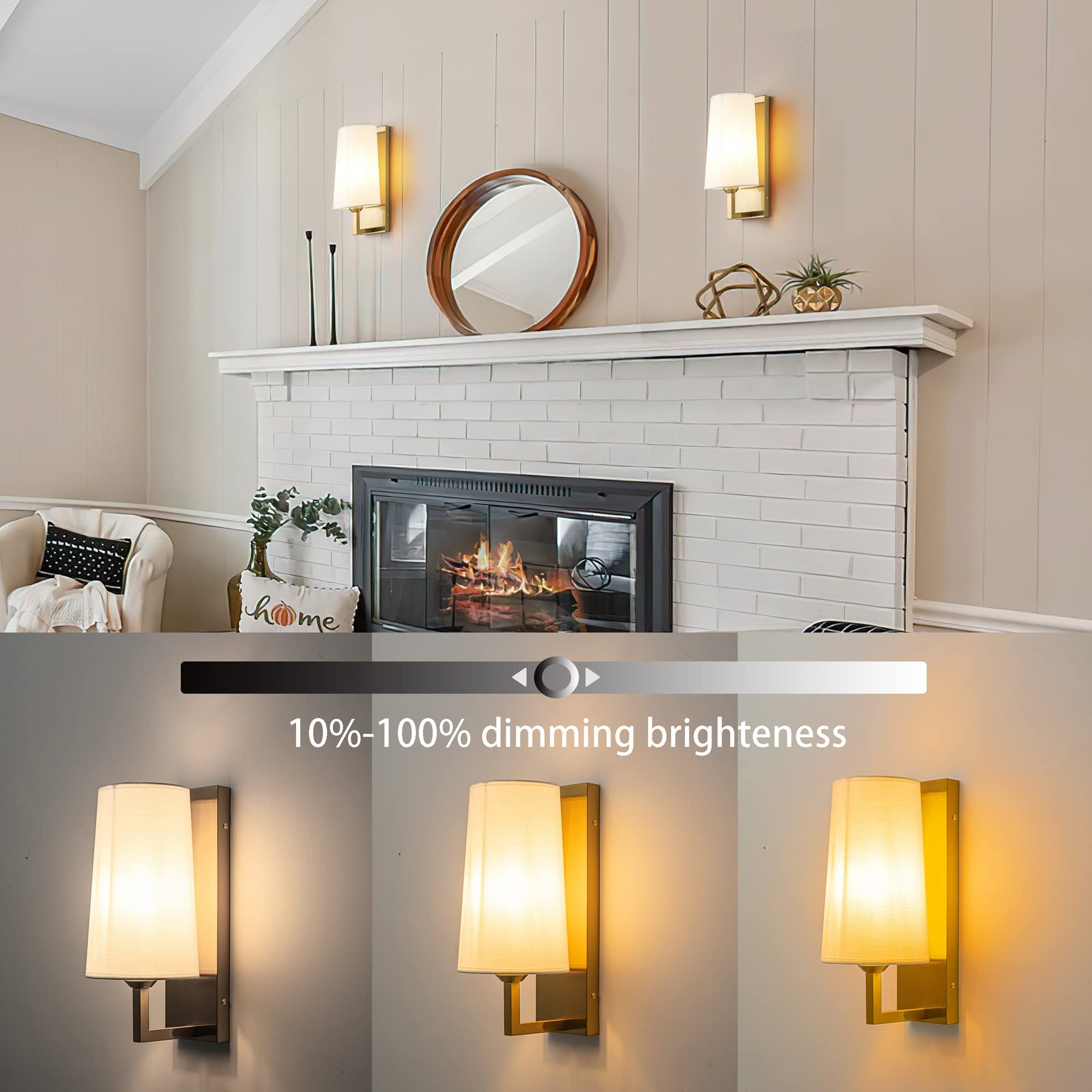 Modern Battery Operated Wall Sconce Set of Two White Fabric Shade Wall Sconce Not Hardwired Indoor Dimmable Battery Powered Wall